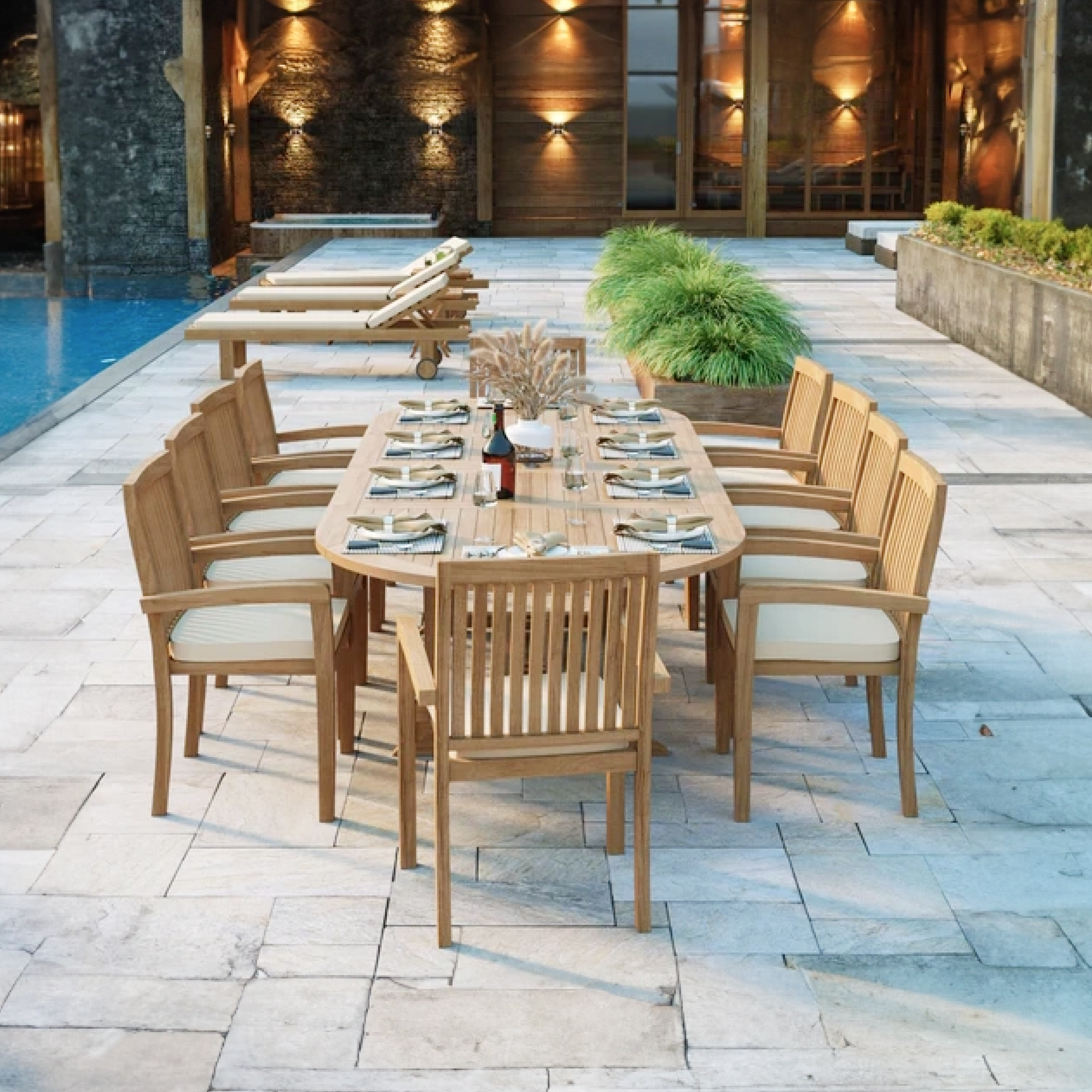 Algarve Teak 2-3m Oval Extending Table 4cm Top (10 Oxford Stacking Chairs) Cushions included.