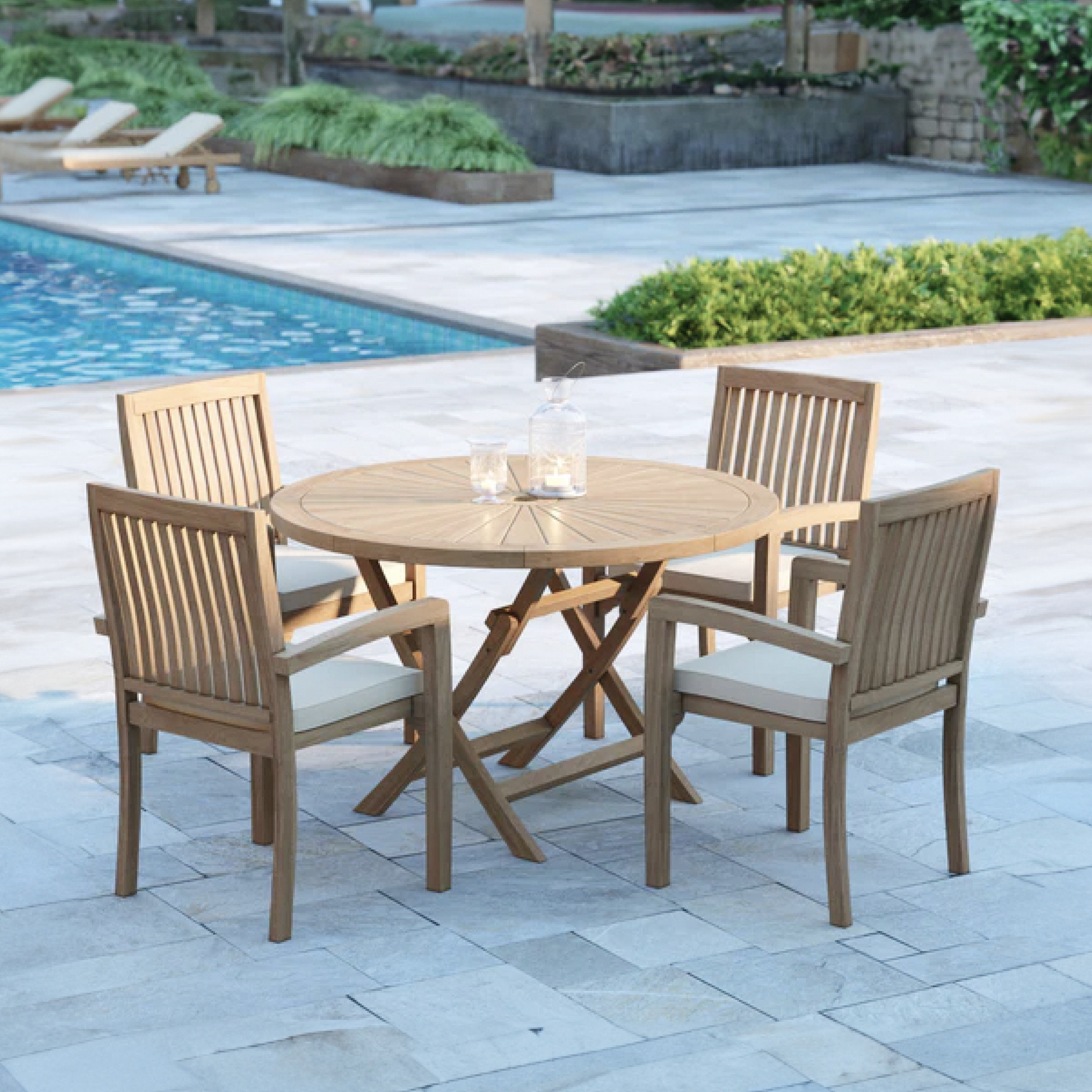 Munich Teak Garden Furniture Set 120cm Sunshine Round Folding Table, 4cm Top (4 Henley Stacking Chairs) Cushions included.