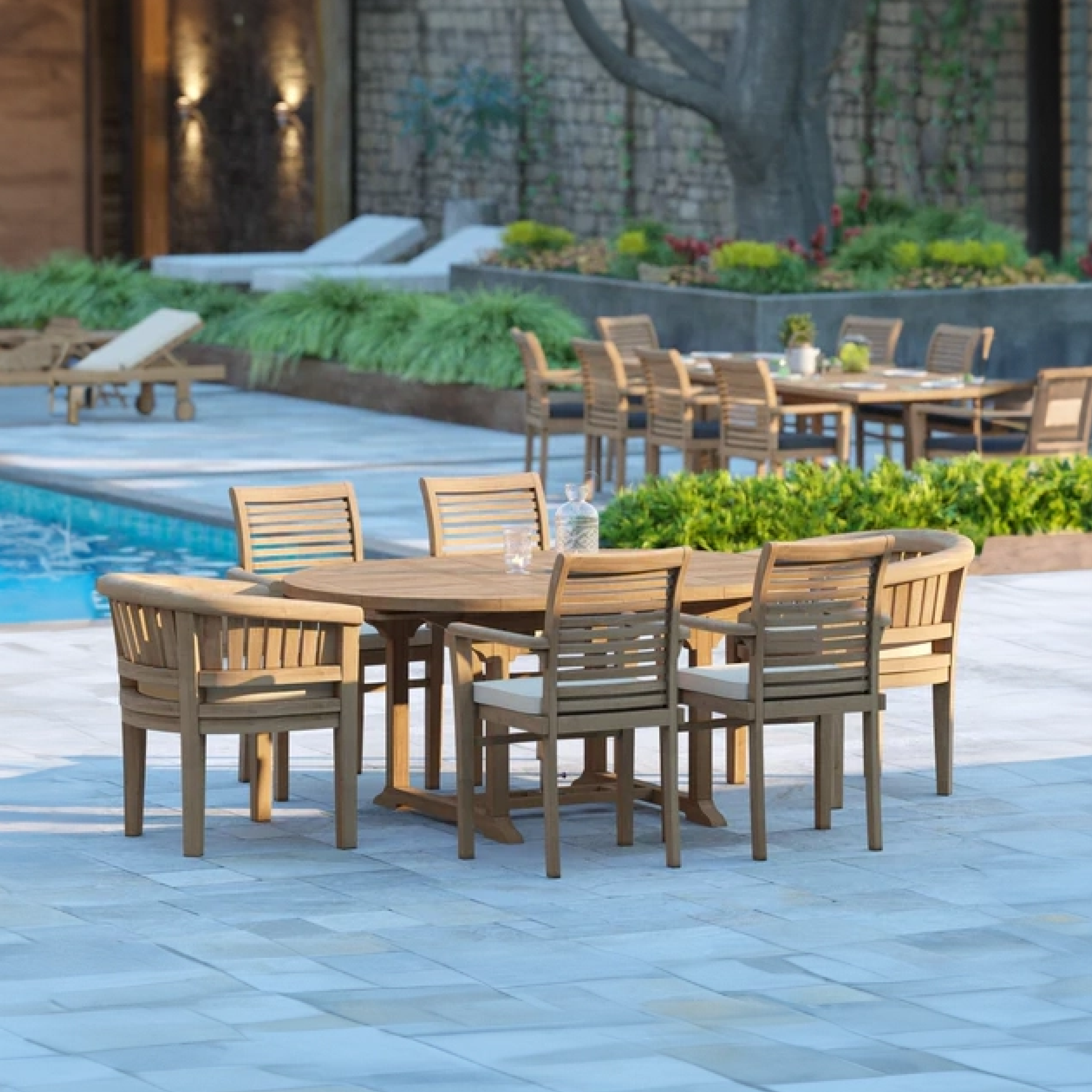 Valencia Teak Round To Oval 120-170cm Extending Table 4cm Top (4 Oxford Stacking Chairs 2 San Francisco Chairs) Cushions included.