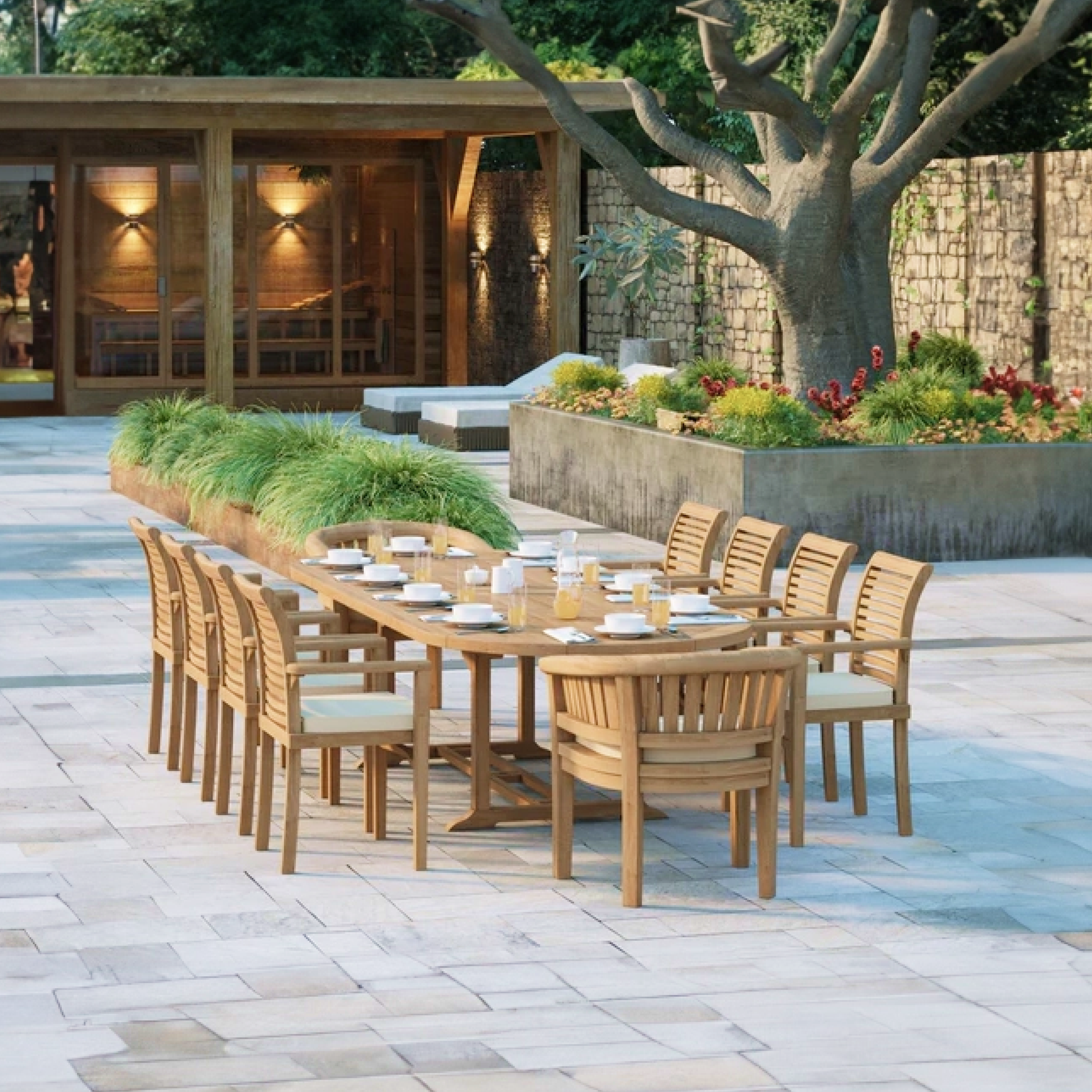 Milano Teak 200-300cm Oval Extending Table 4cm Top (8 Oxford Stacking Chairs, 2 San Francisco Chairs) Cushions included.