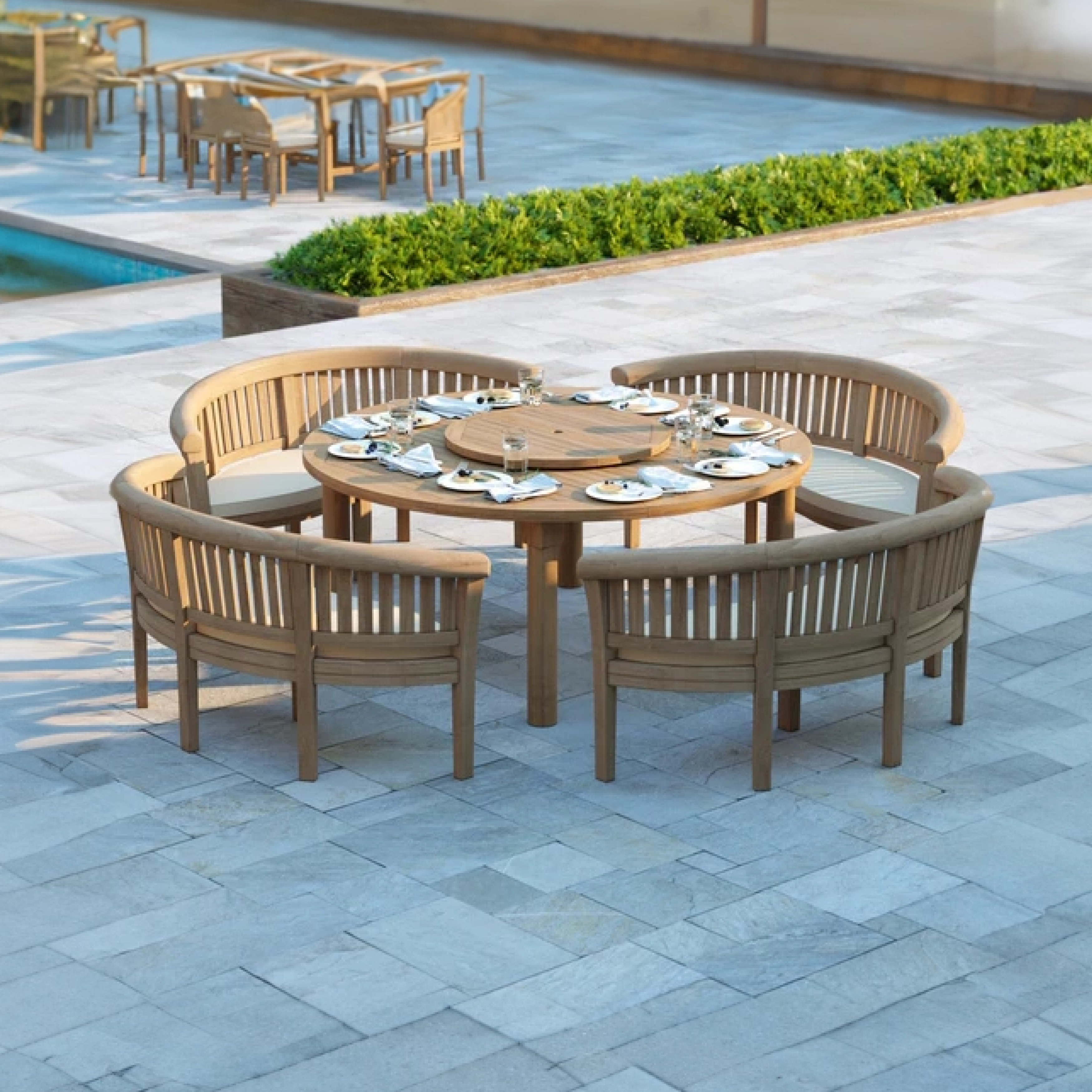 Palamos Teak Set 180cm Maximus Round Table (4 San Francisco Benches Complete Set) Cushions included.
