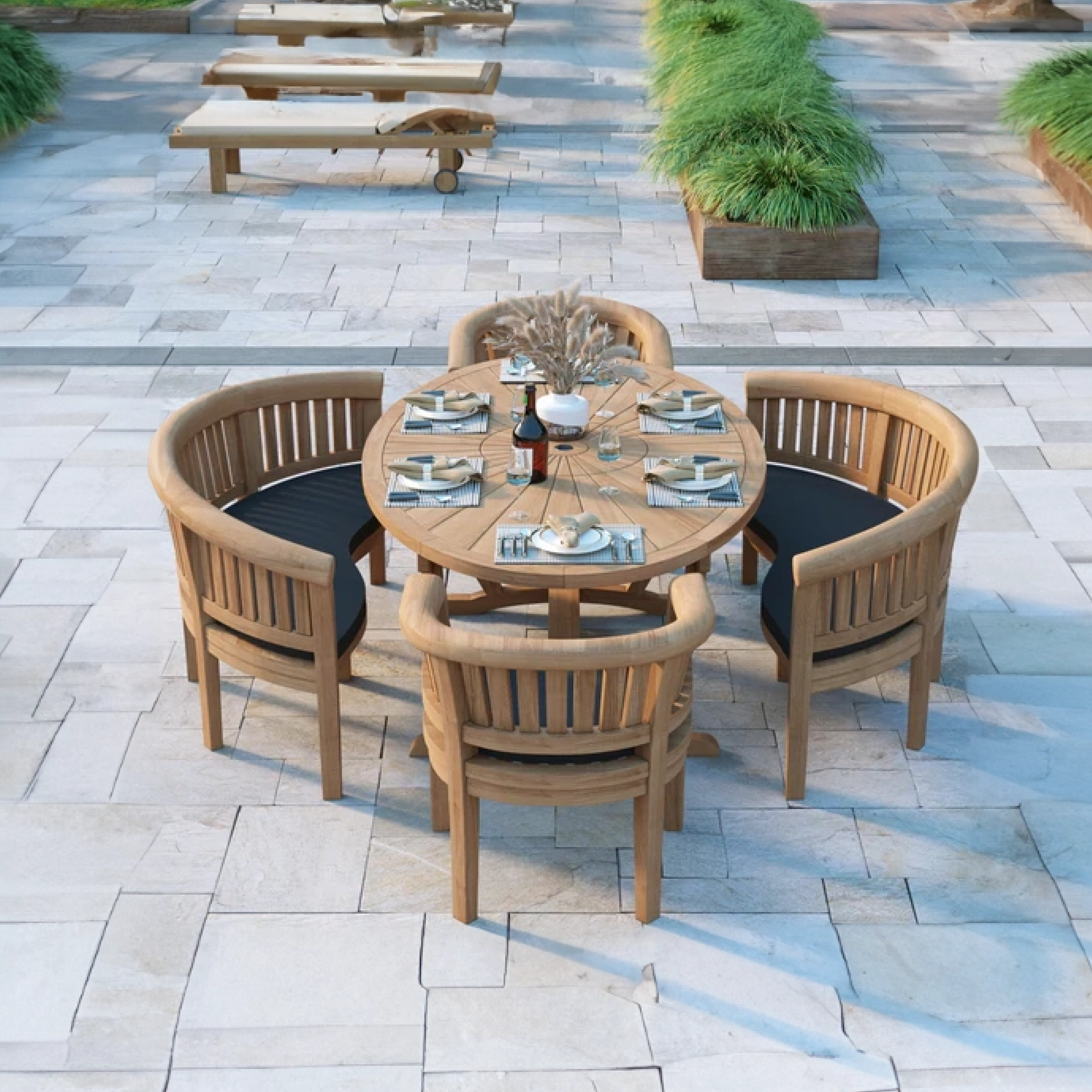 Monaco Teak Set 2m Sunshine table 4cm Top (with 2 San Francisco Chairs and 2 Benches) Cushions included.