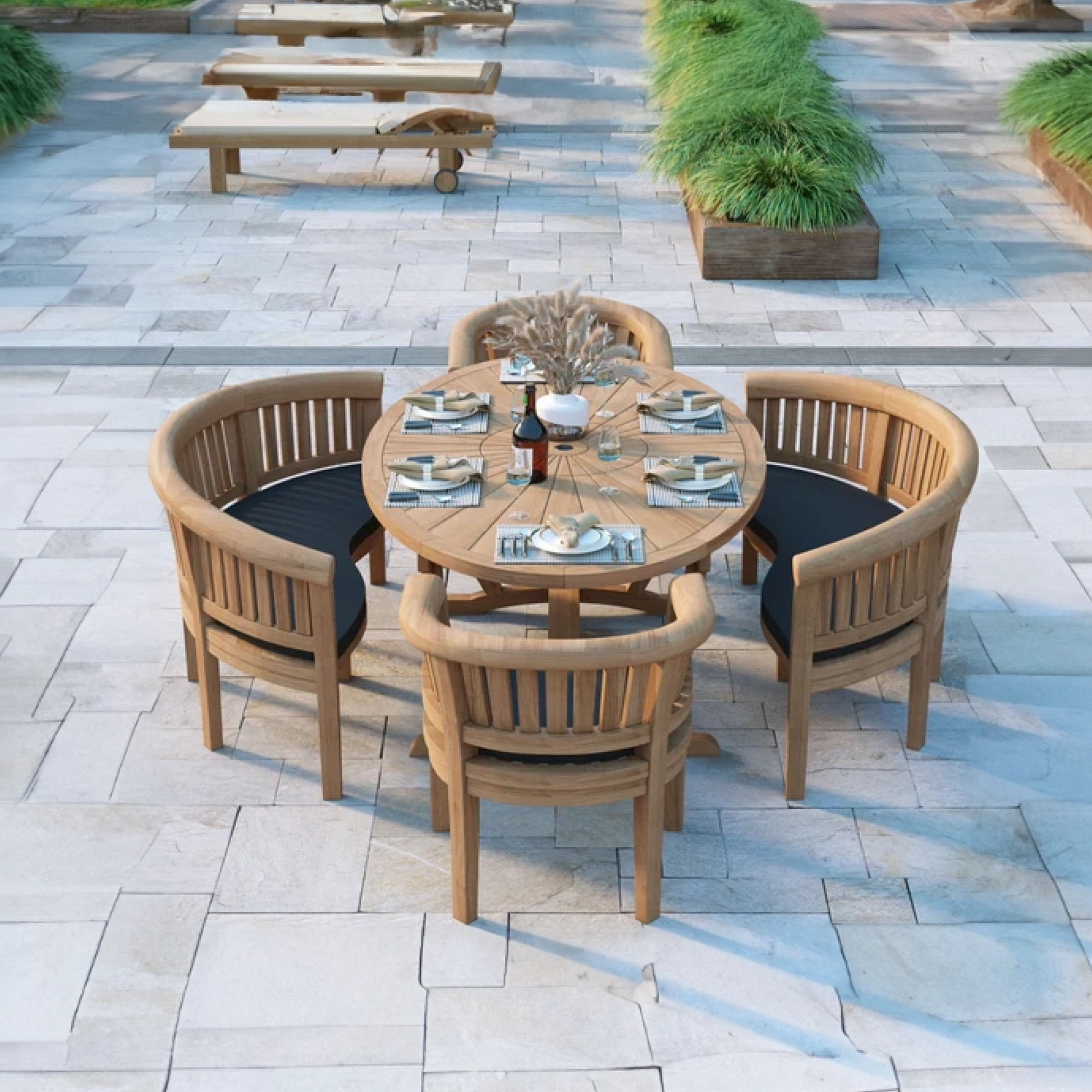 Monaco Teak Set 2m Sunshine table 4cm Top (with 2 San Francisco Chairs and 2 Benches) Cushions included.