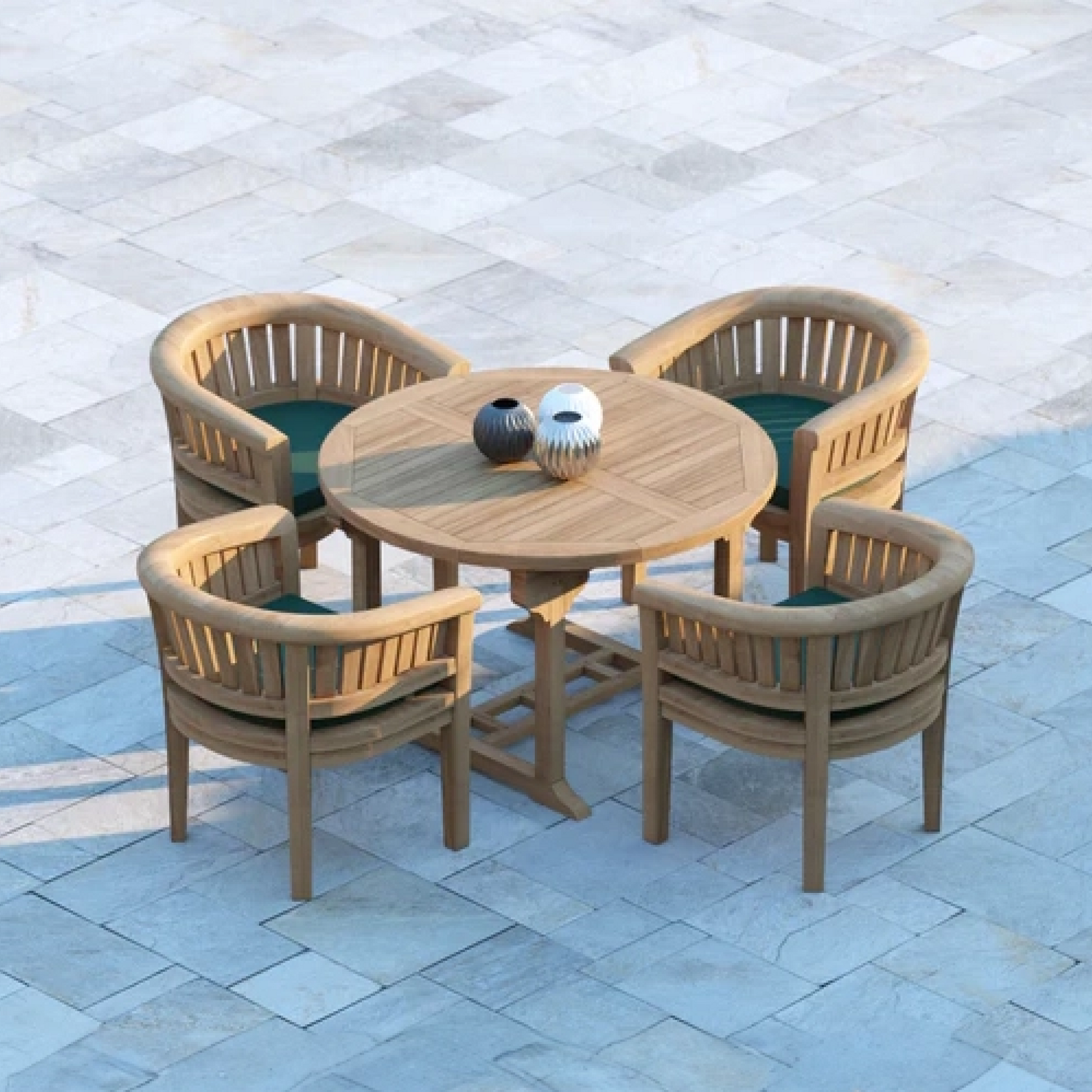 Lyon Teak Set 120-170cm Round to oval Table 4cm Top (4 teak San Francisco Chairs) cushions included.