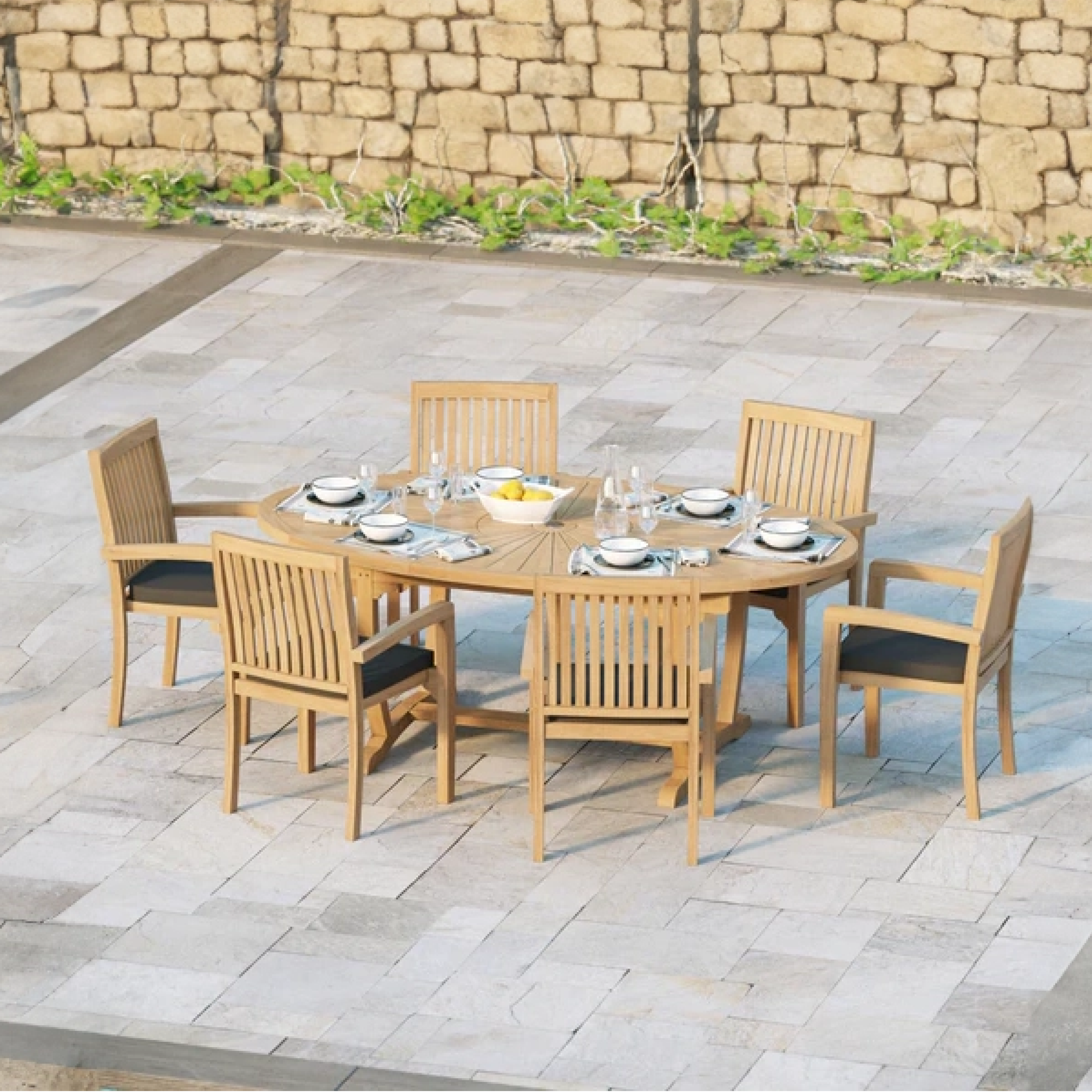 Rimini Teak Set 2m Sunshine table 4cm Top (with 6 Henley Stacking Chairs) Cushions included.