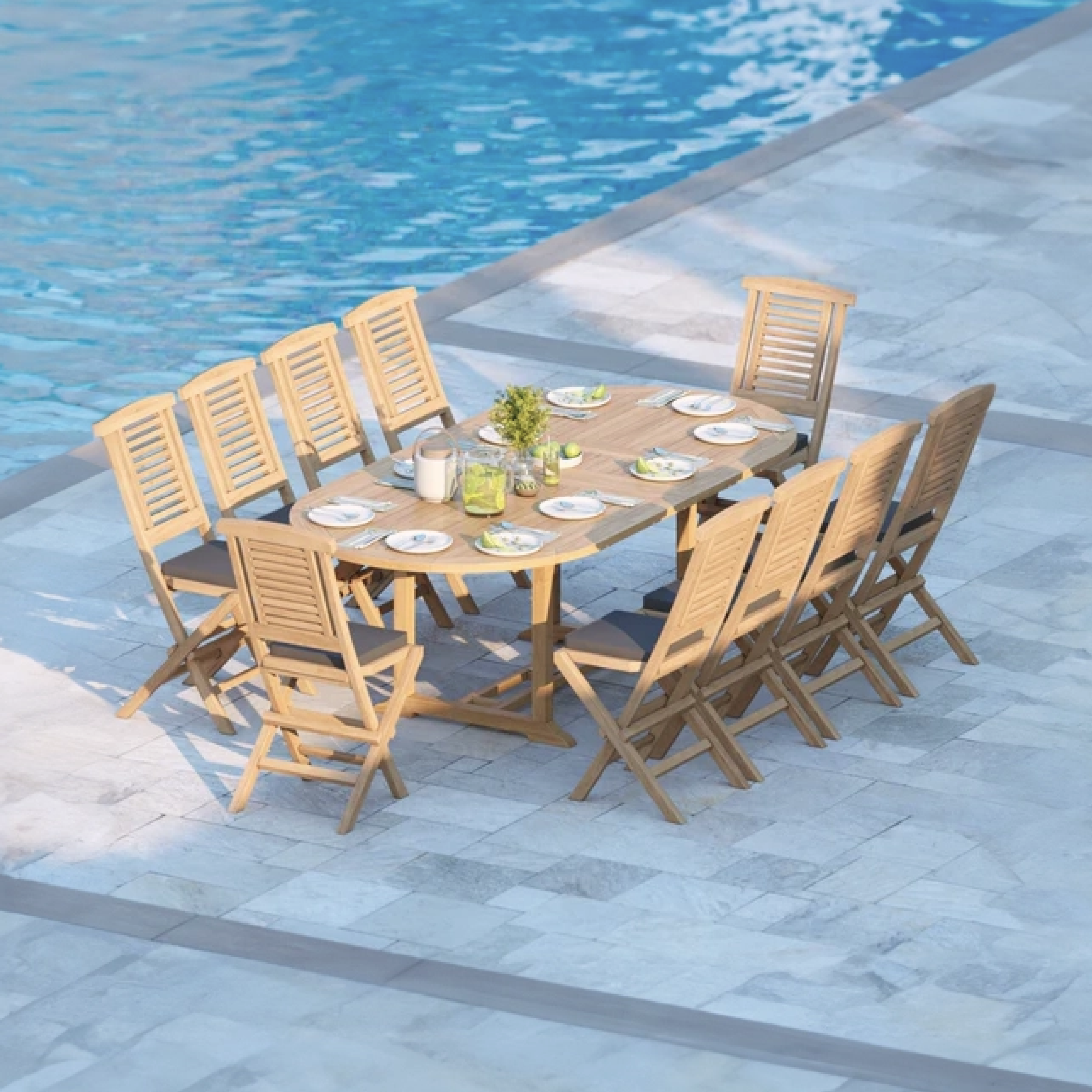 Marseille Teak Oval 180-240cm Extending Table 4cm Top (8 Hampton Folding Chairs) Cushions included.