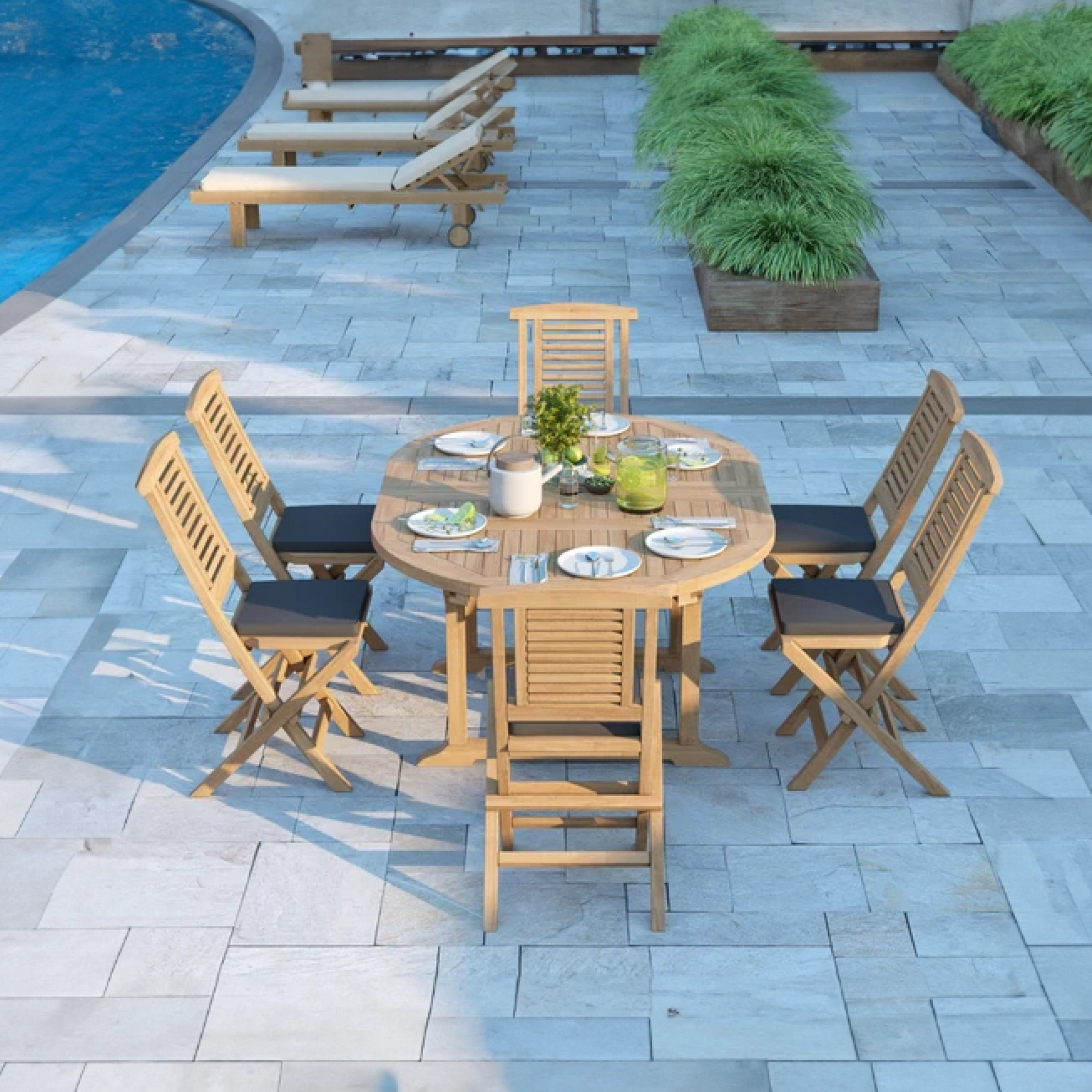 Bruges Teak Round To Oval 120-170cm Extending Table 4cm Top (6 folding Hampton Chairs) cushions included.