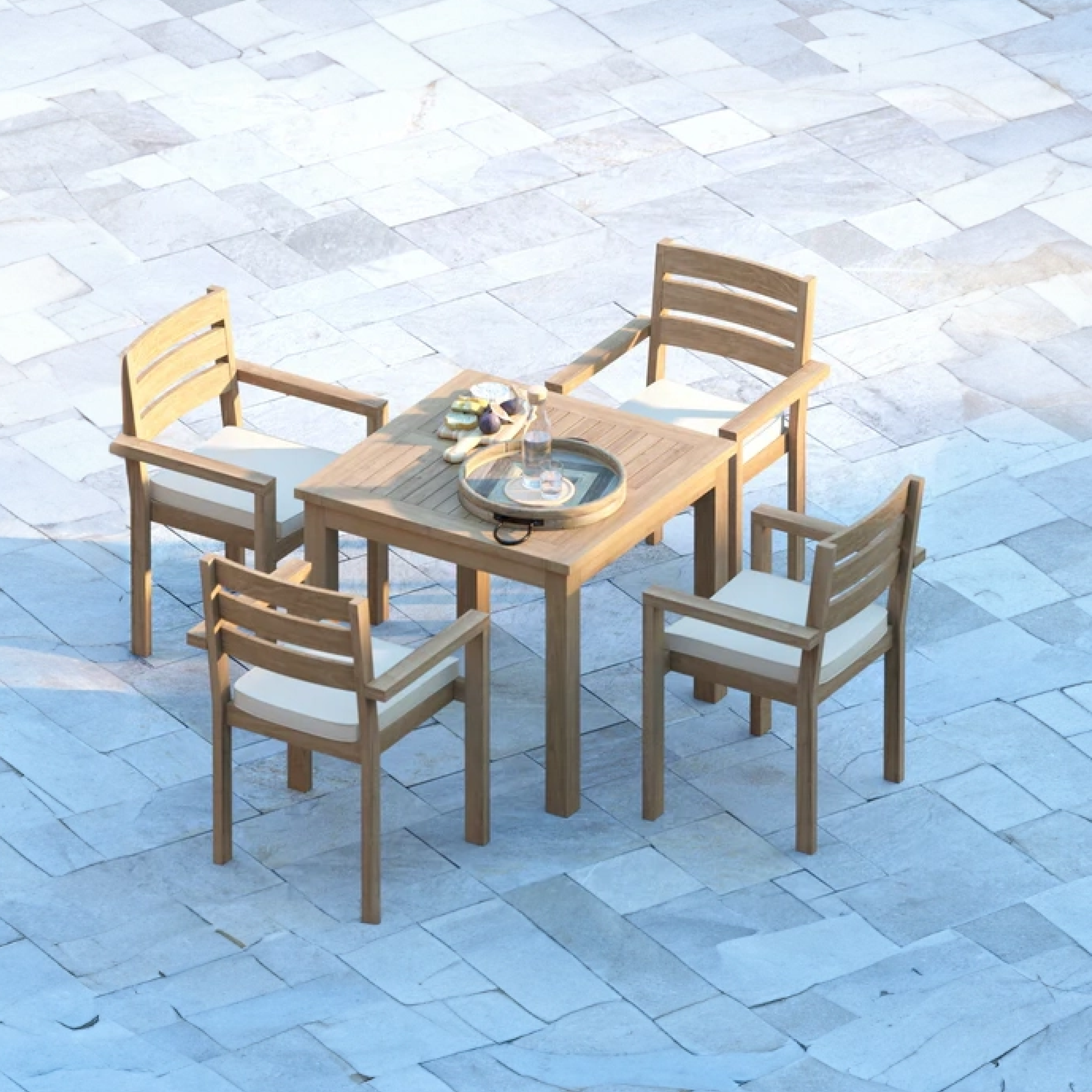 Solace Teak Set 90cm Square Table (4 Marlow Stacking Chairs) Cushions included.