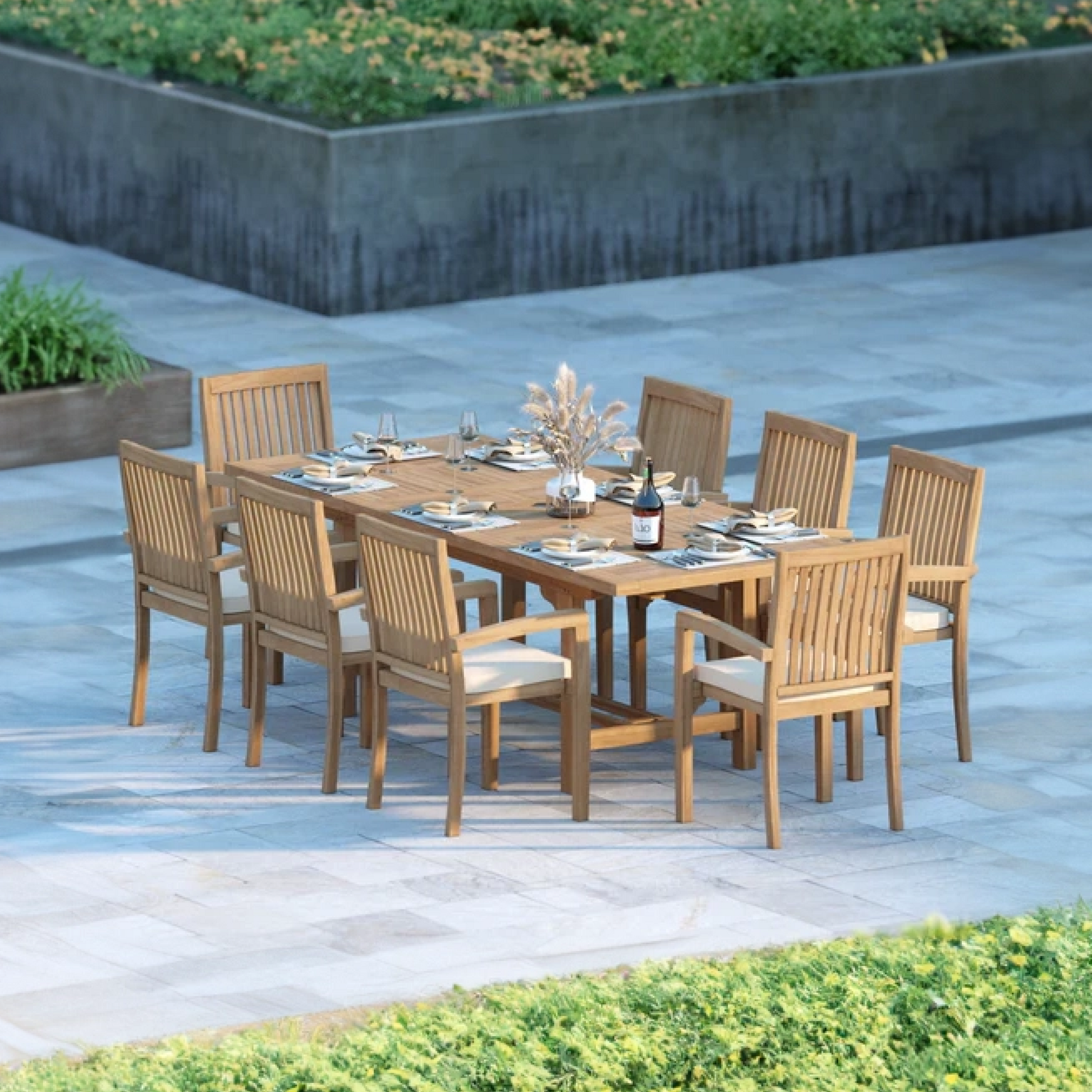 Duchy Teak Rectangle 180-240cm Extending Table 4cm Top (8 Henley Stacking Chairs) Cushions included.