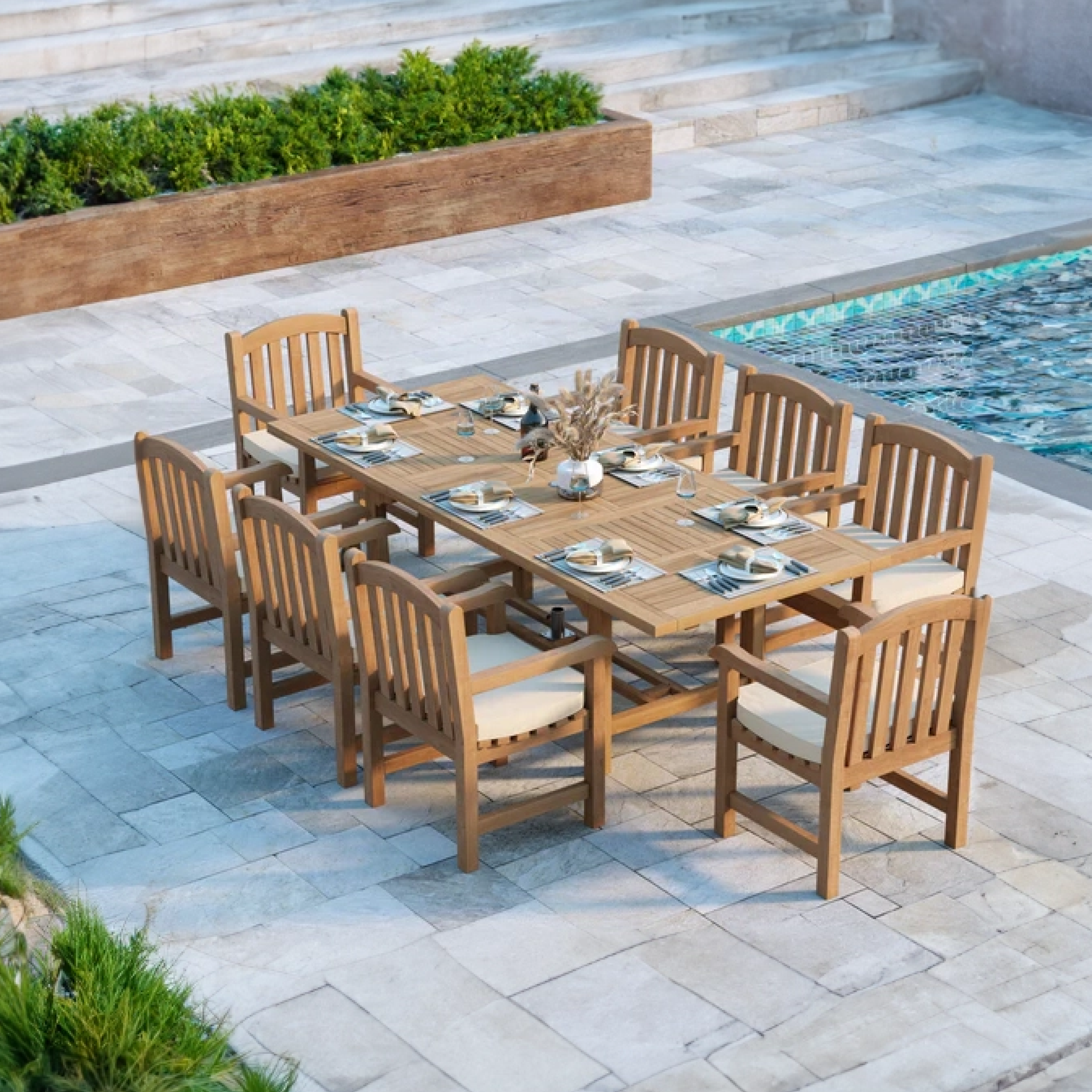 Oslo Teak 180-240cm Rectangle Extending Table 4cm Top (with 8 Warwick Chairs) Cushions included.