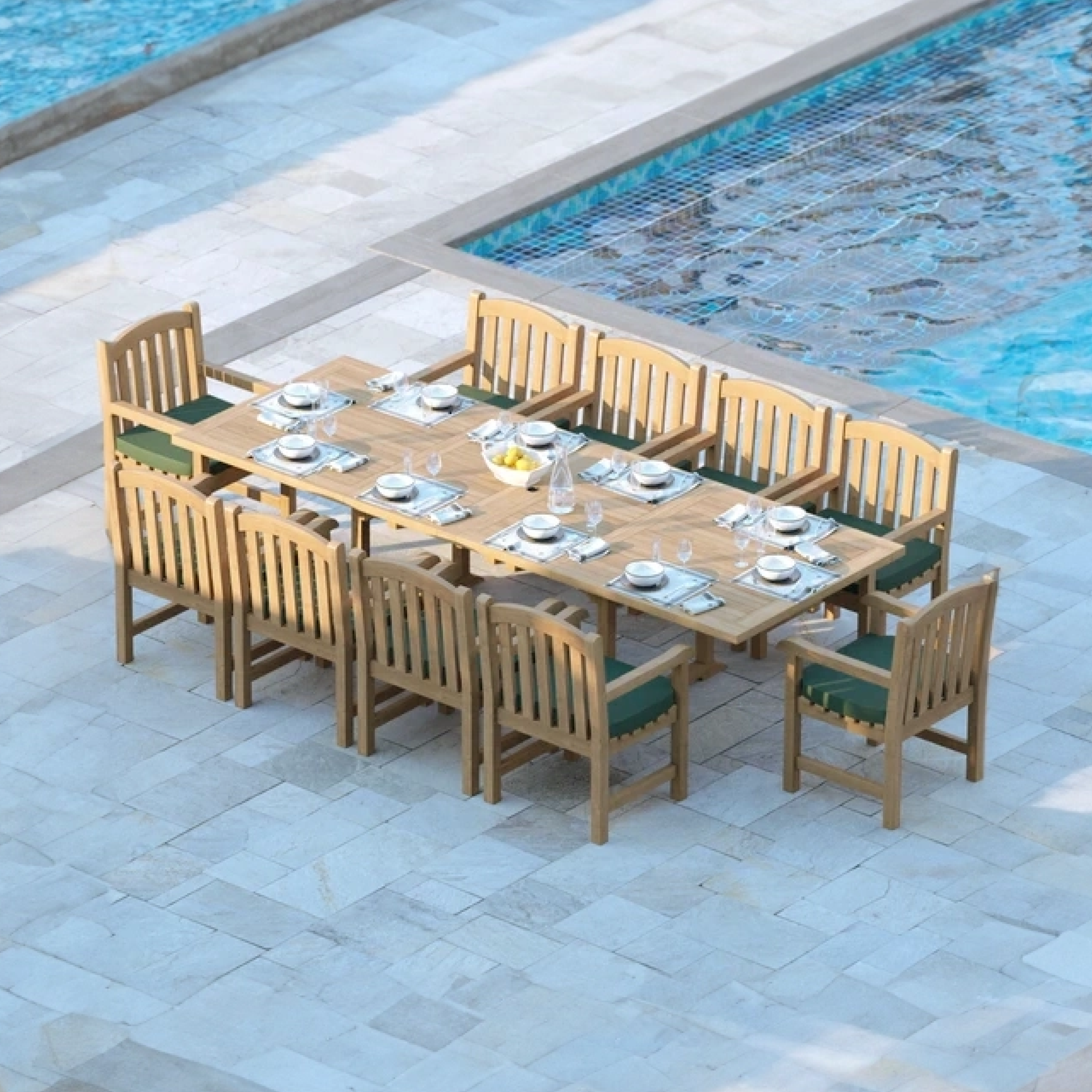 Cologne Teak 2-3m Rectangle Extending Table 4cm Top (10 Warwick Chairs) Cushions included.