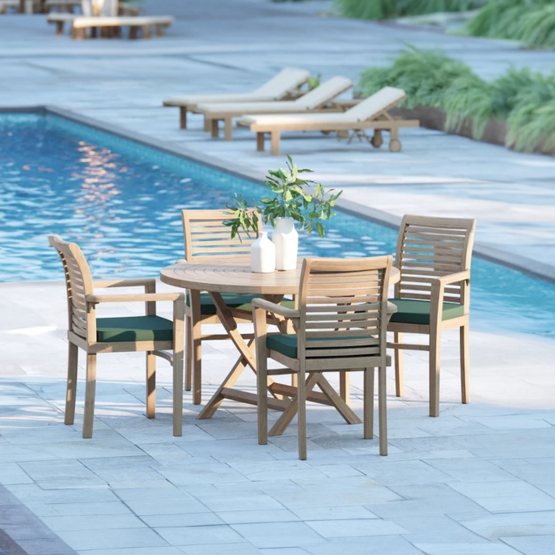 Fiji Teak Set 120cm Spiral Round Folding Table, 4cm Top (4 x Oxford Stacking Chairs) Cushions included.