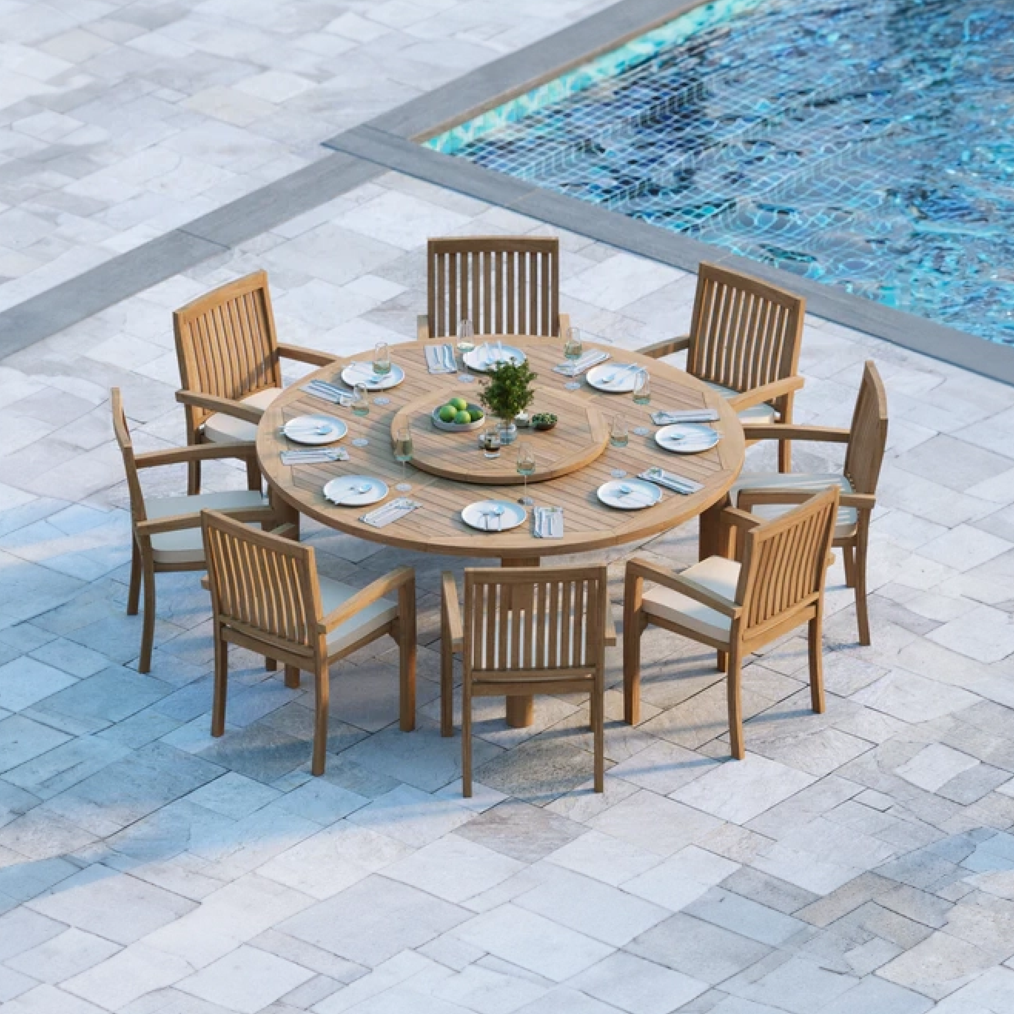 Naples Teak Set 180cm Maximus Round Table 4cm Top (8 Henley Stacking Chairs) Cushions included.