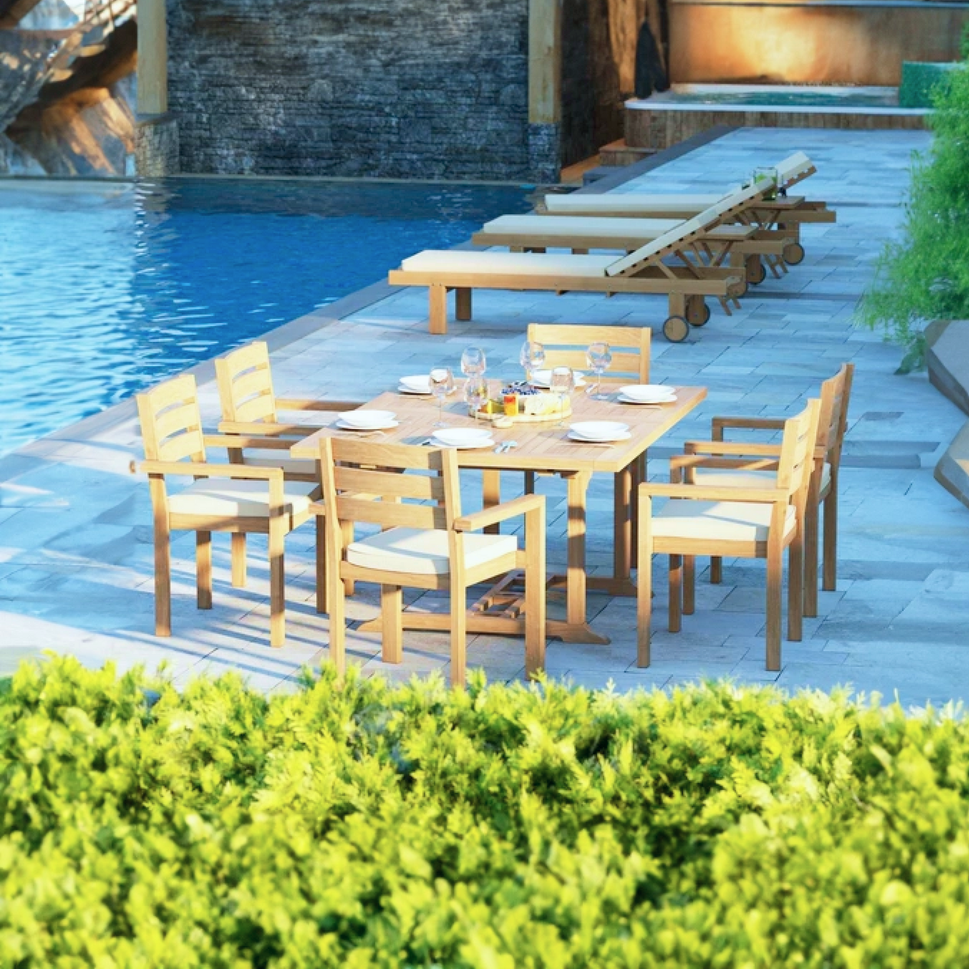 Padstow Teak Set 120-170cm Rectangle Table with 6 Marlow Chairs + Cushions