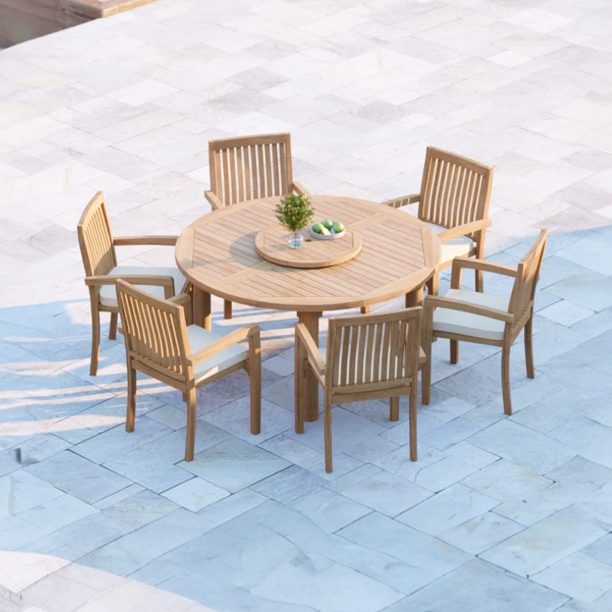 Cannes Teak Set 150cm Maximus Round Table 4cm Top (6 Henley Stacking Chairs) Cushions included.