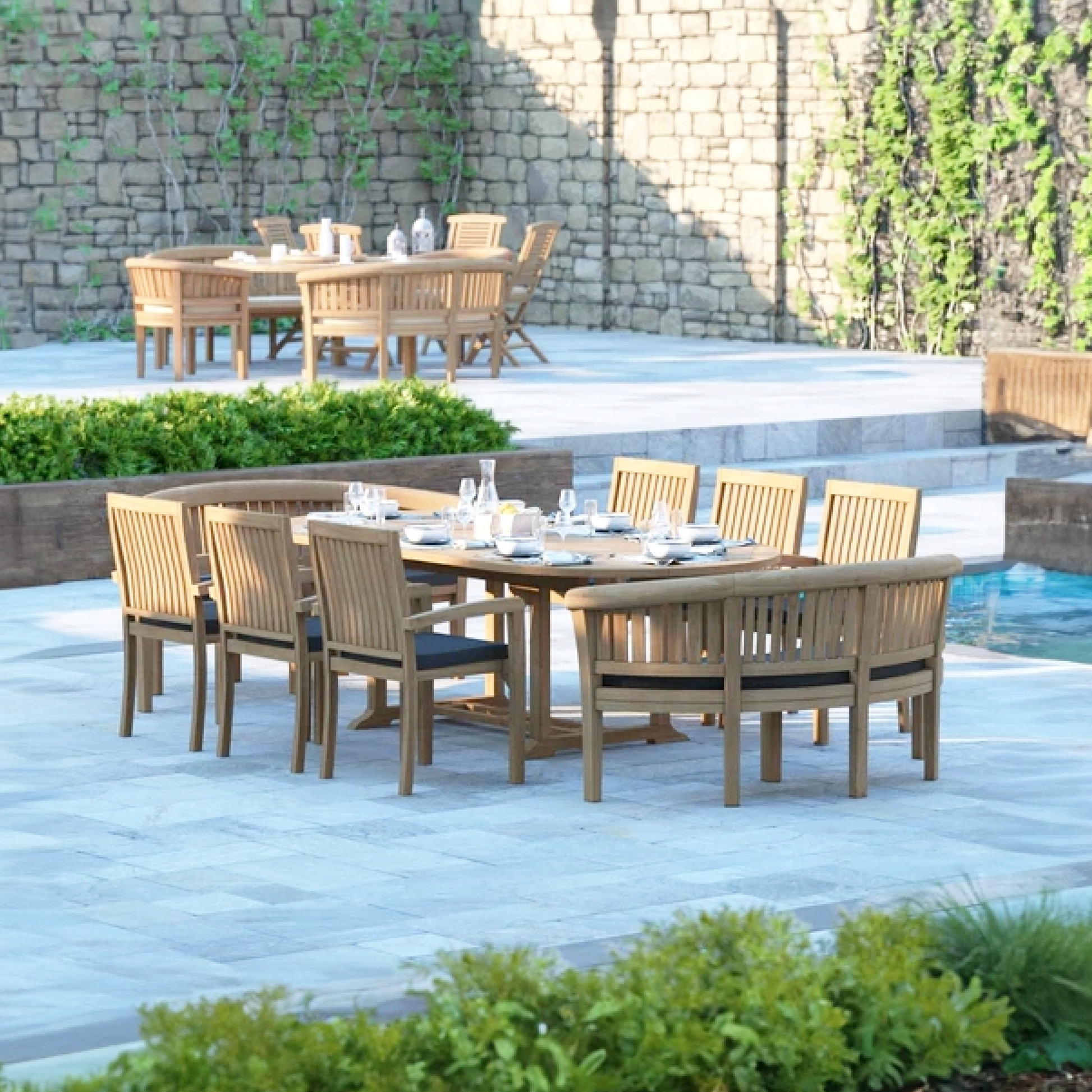 Genoa Teak 180-240cm Oval Extending Table 4cm Top (6 Henley Stacking Chairs, 2 San Francisco Benches) Cushions included.