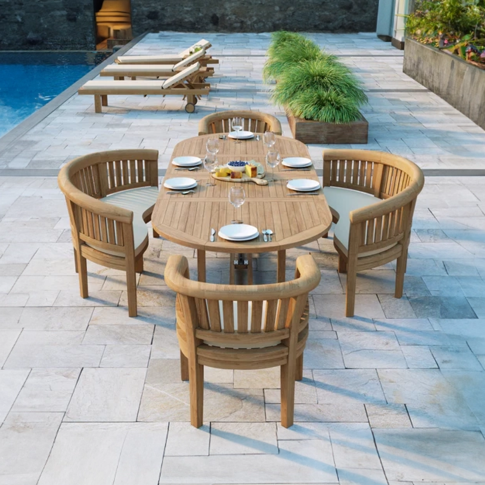 Lisbon Teak Oval 2-3m Extending Table 4cm Top (2 San Francisco Chair, 2 San Francisco Bench) Cushions included.