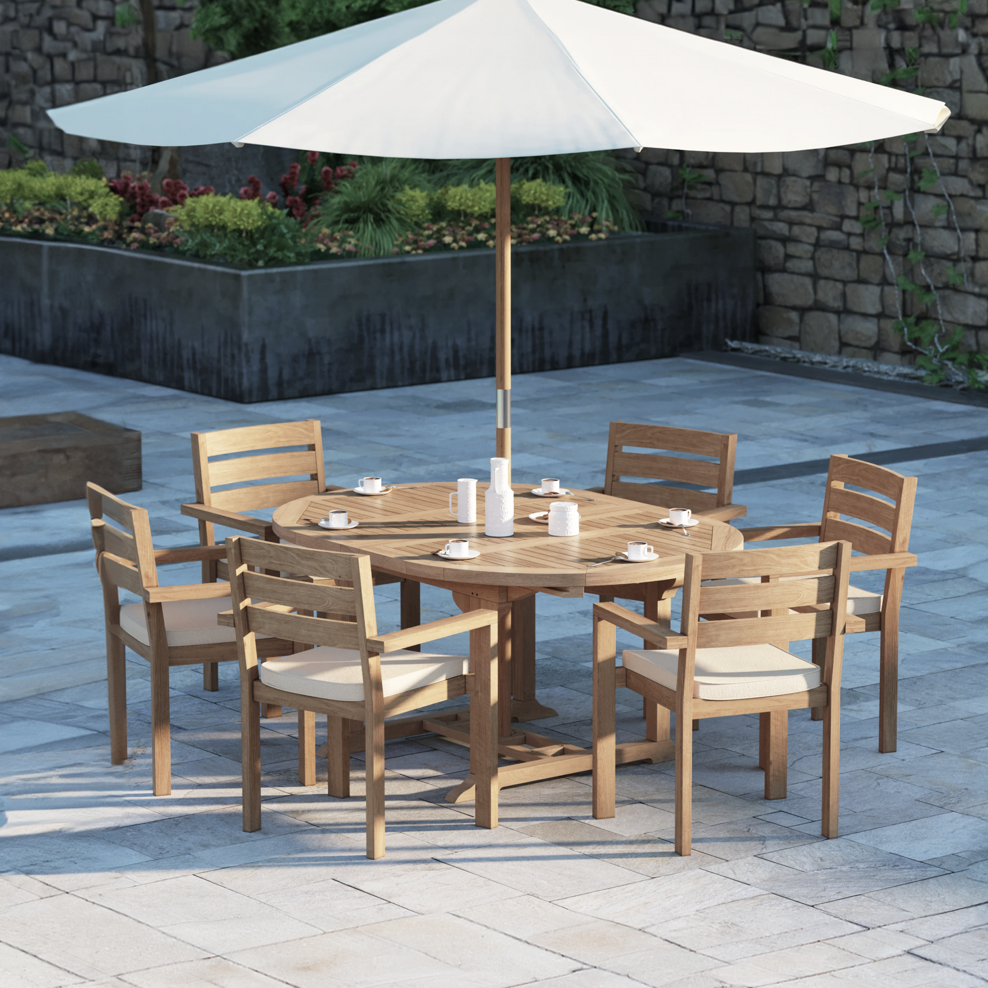 St. Ives Teak Set 120-170cm Round Table with 6 Marlow Chairs + Cushions