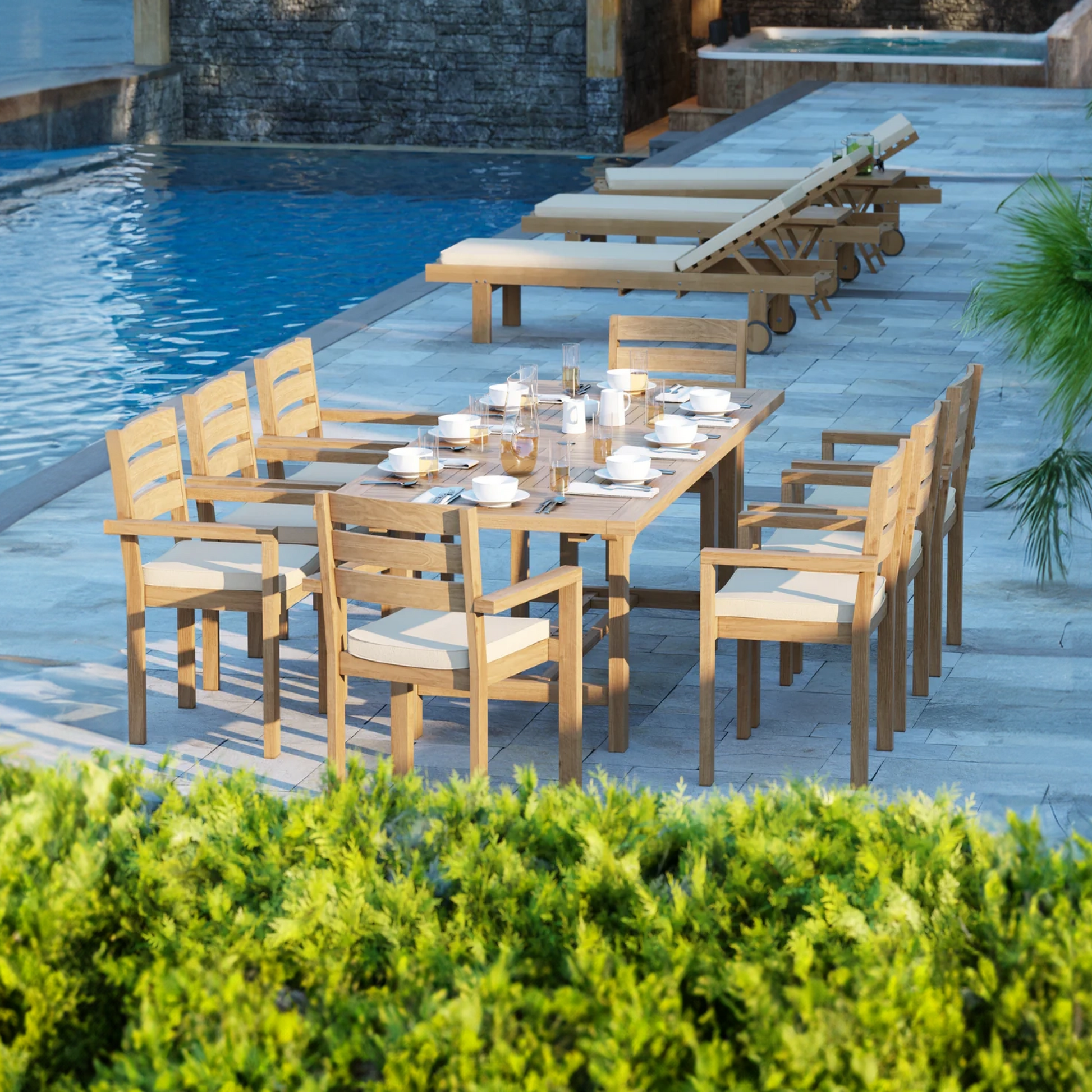 Irvine Teak Set 180-240cm Rectangle Table with 8 Marlow Chairs + Cushions