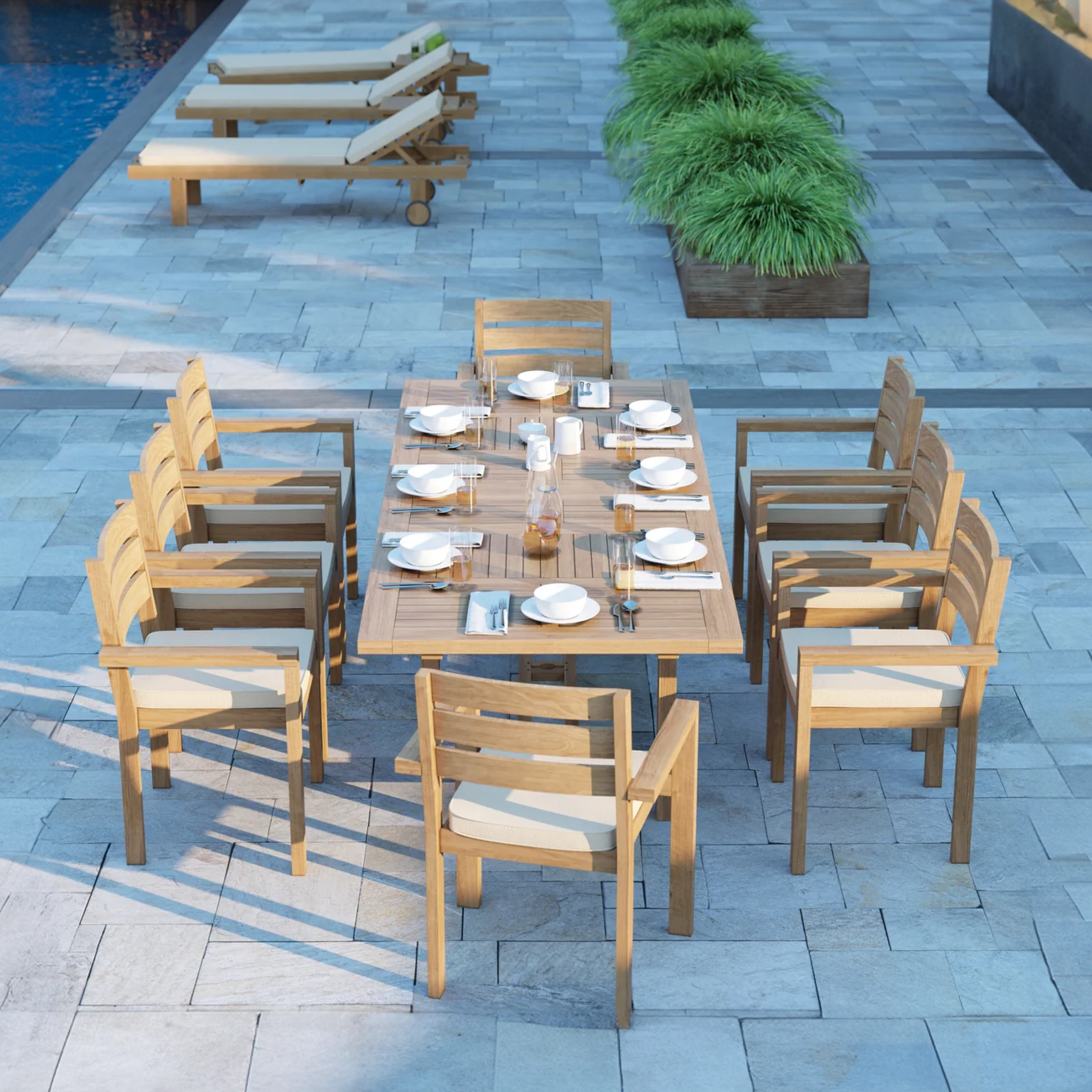 Irvine Teak Set 180-240cm Rectangle Table with 8 Marlow Chairs + Cushions