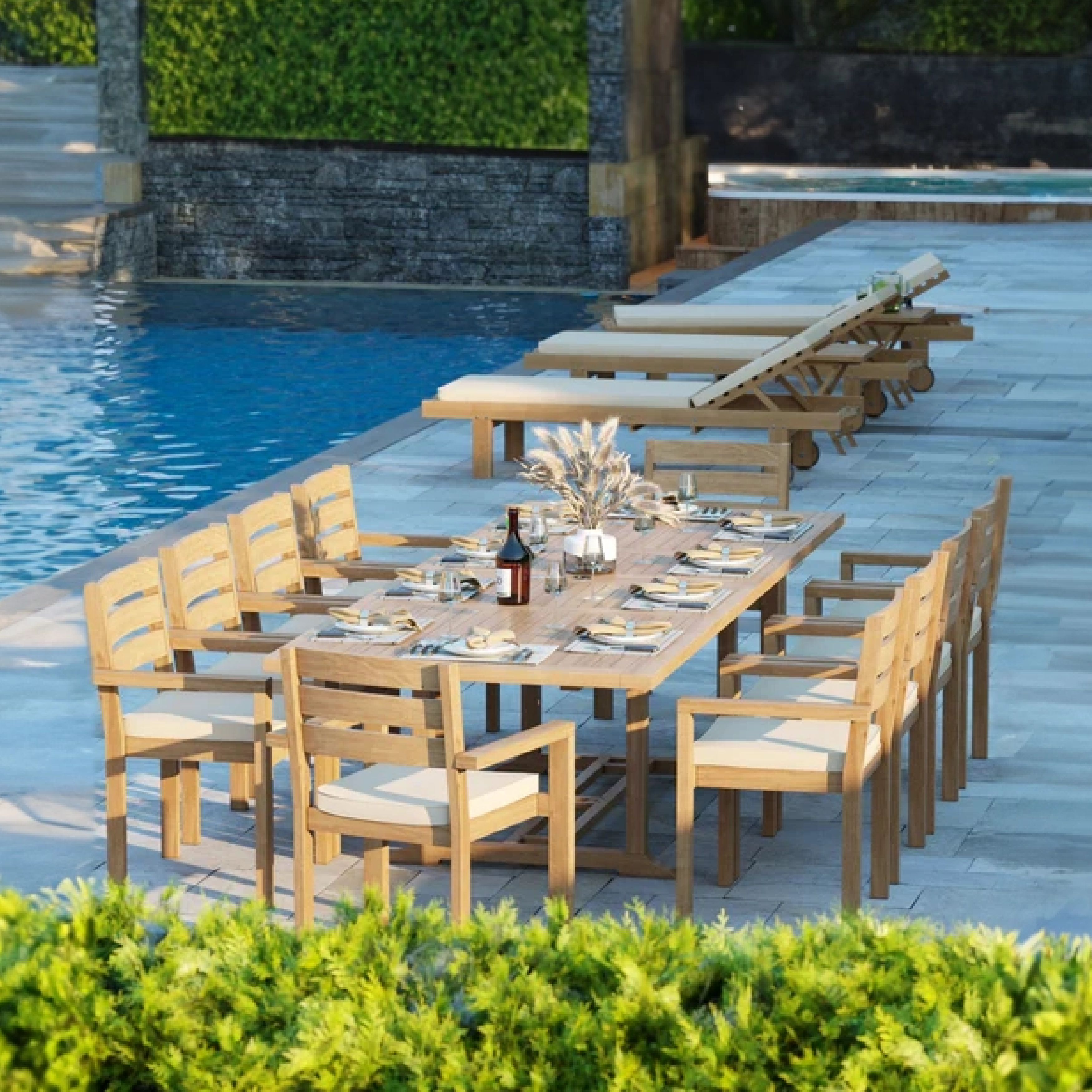 Mylor Teak Set 200-300cm Rectangle table with 10 Marlow chairs + Cushions