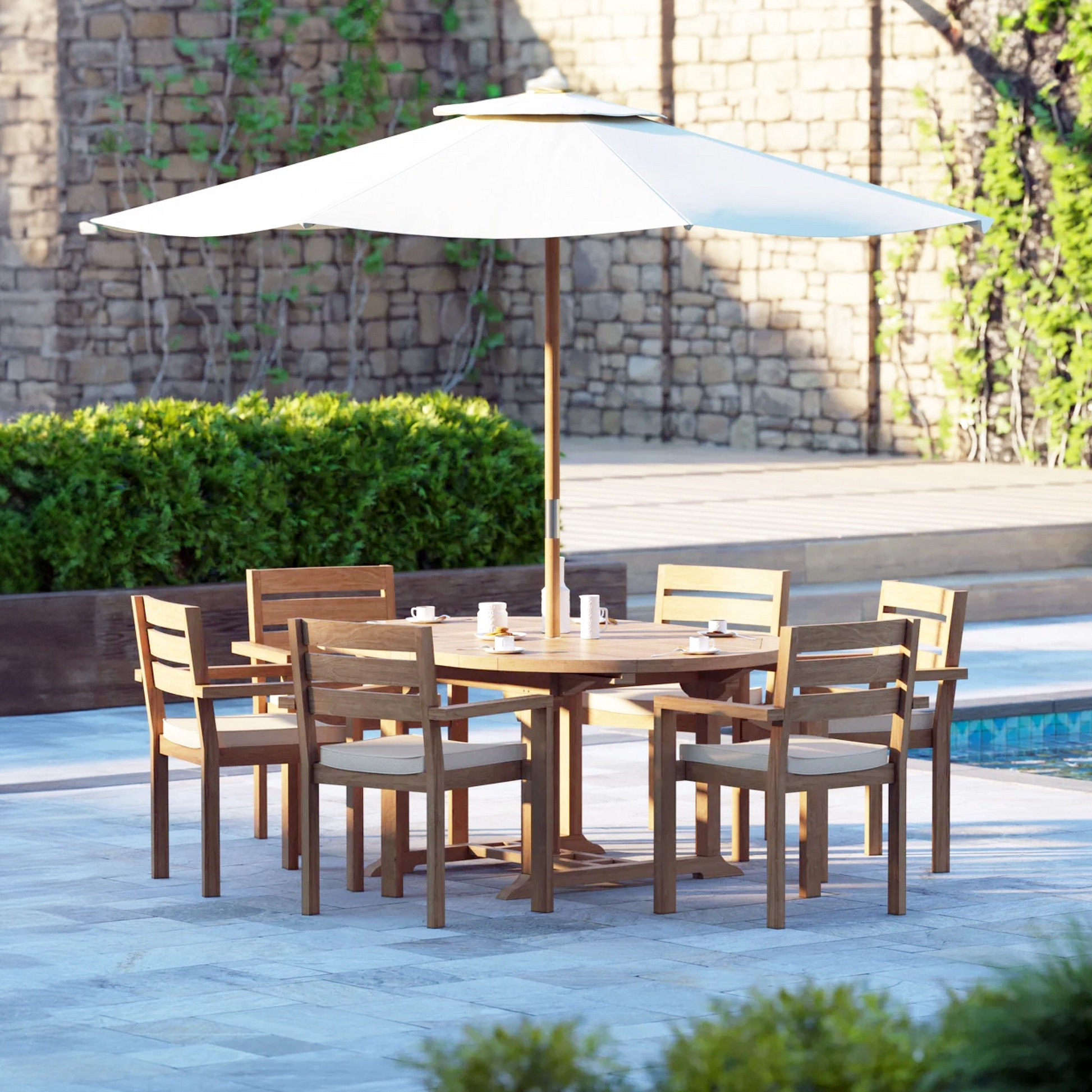 St. Ives Teak Set 120-170cm Round Table with 6 Marlow Chairs + Cushions