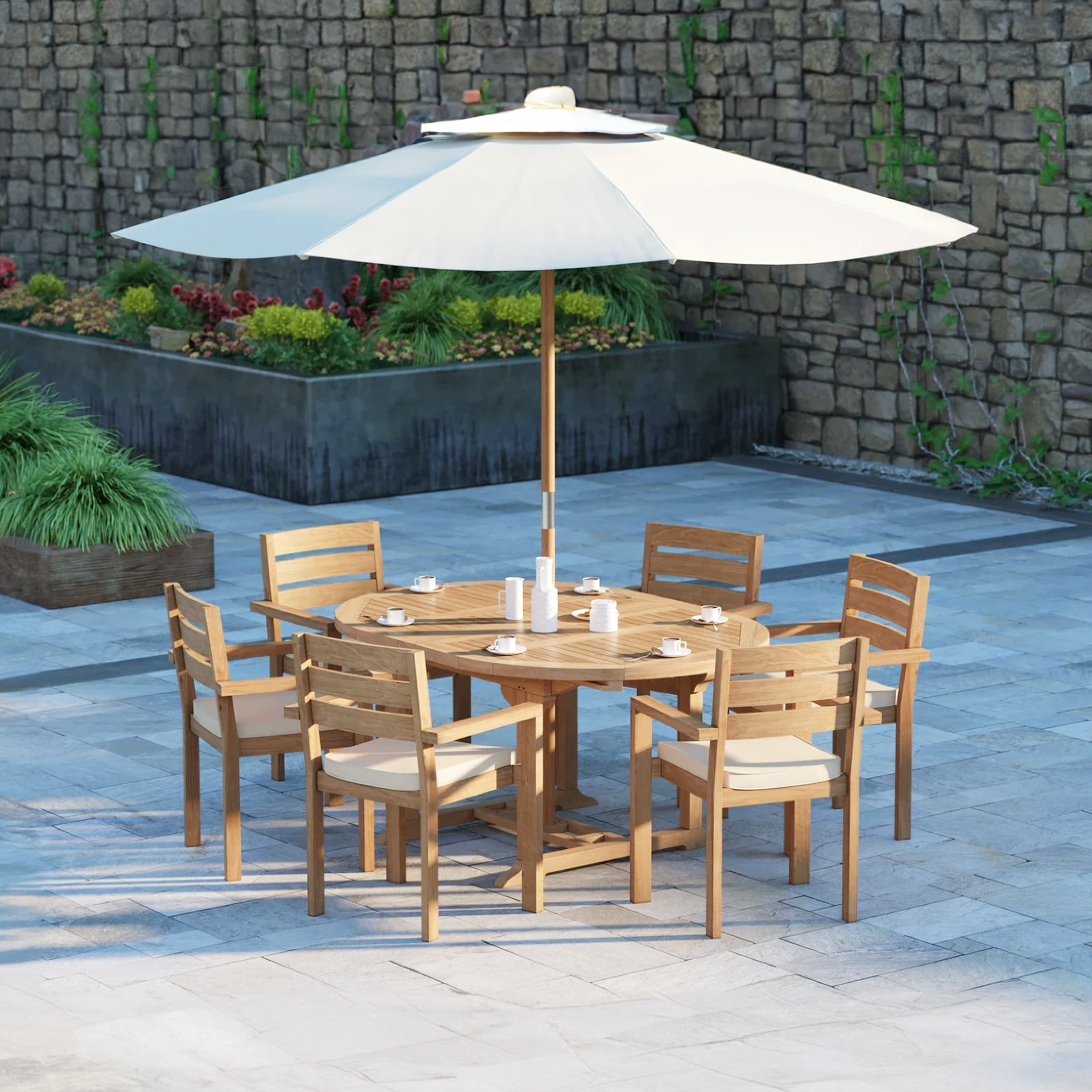 St. Ives Teak Set 120-170cm Round Table with 6 Marlow Chairs + Cushions