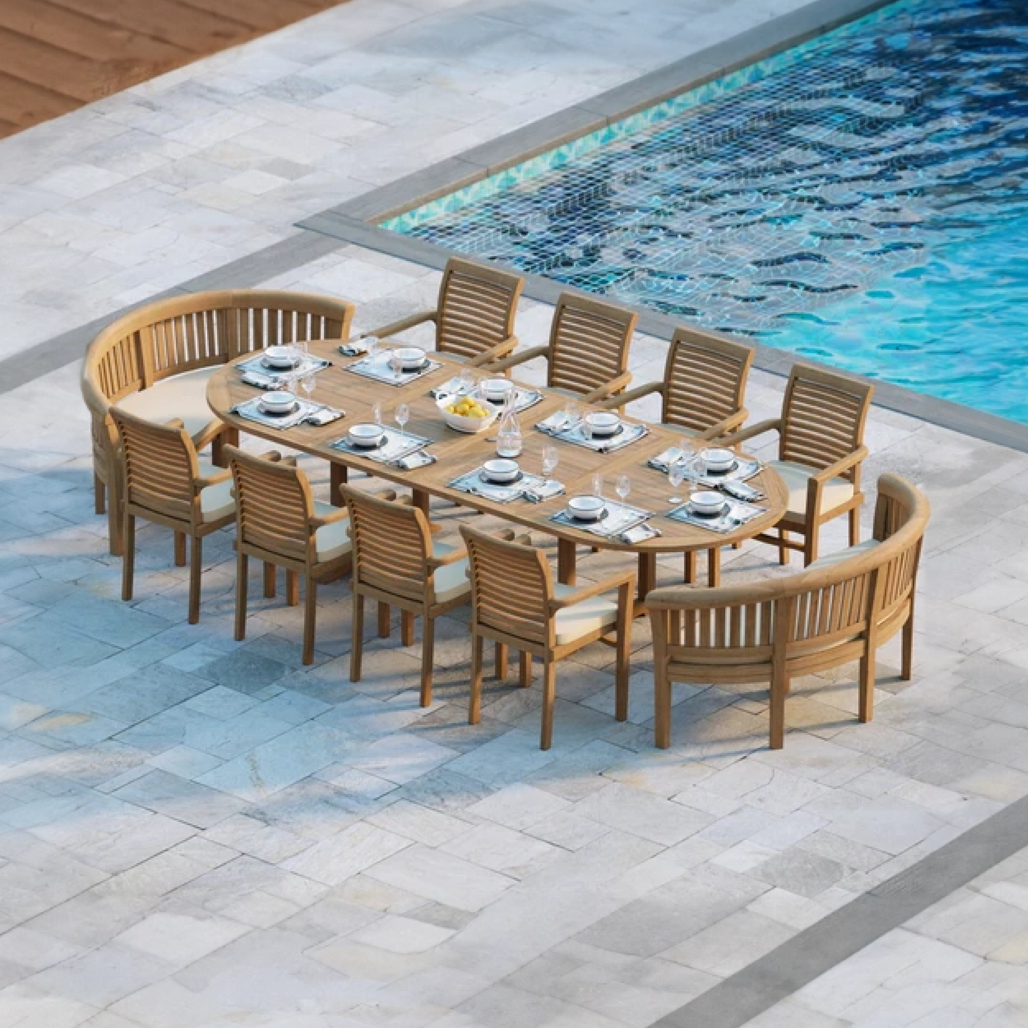 Athens Teak Oval 2-3m Extending Table 4cm Top (8 Oxford Stacking Chairs 2 San Francisco Benches) Cushions included.