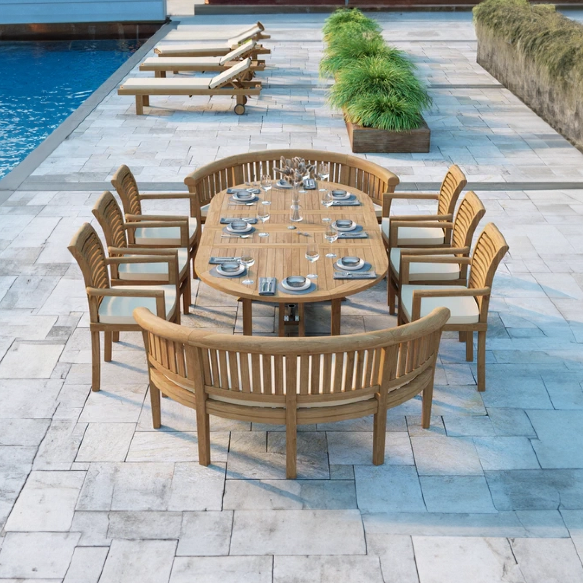 Corfu Teak 180-240cm Oval Extending Table 4cm Top (6 Oxford Stacking Chairs 2 San Francisco Benches) Cushions included.