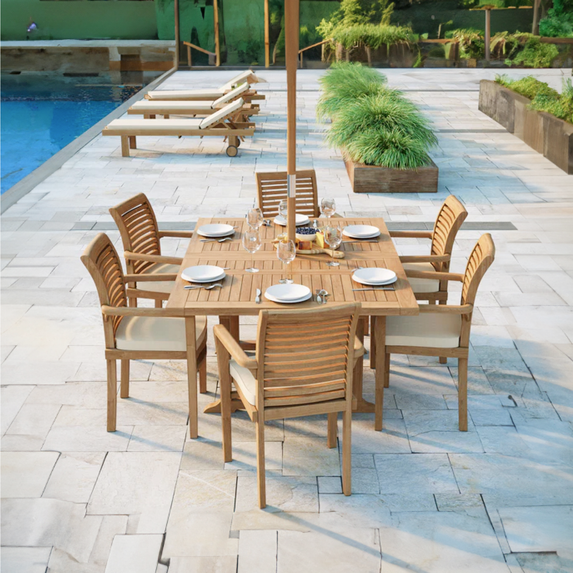 Porto Teak Square to Rectangle 120-170cm Extending Table 4cm Top (6 Oxford Stacking Chairs) Cushions included.