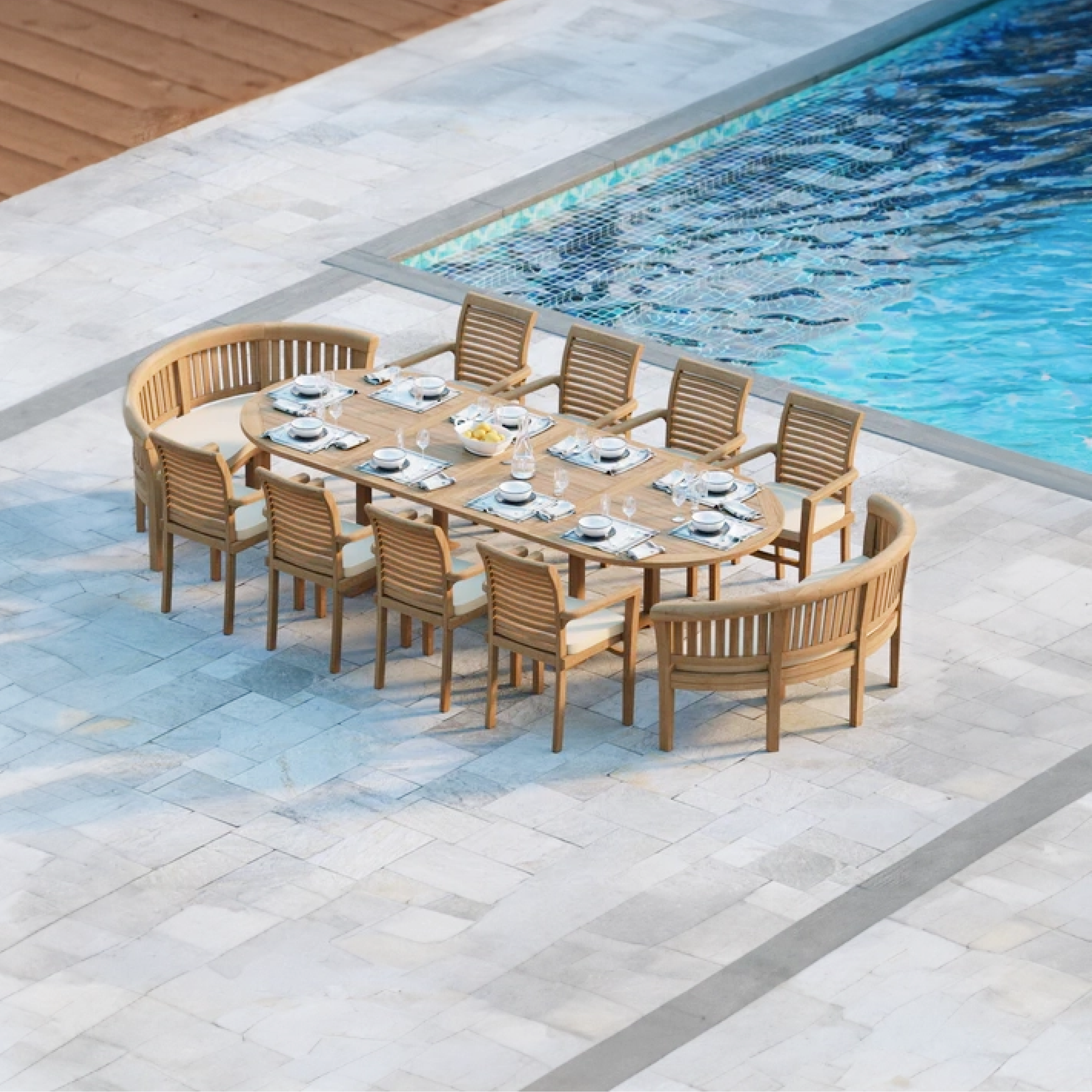 Athens Teak Oval 2-3m Extending Table 4cm Top (8 Oxford Stacking Chairs 2 San Francisco Benches) Cushions included.