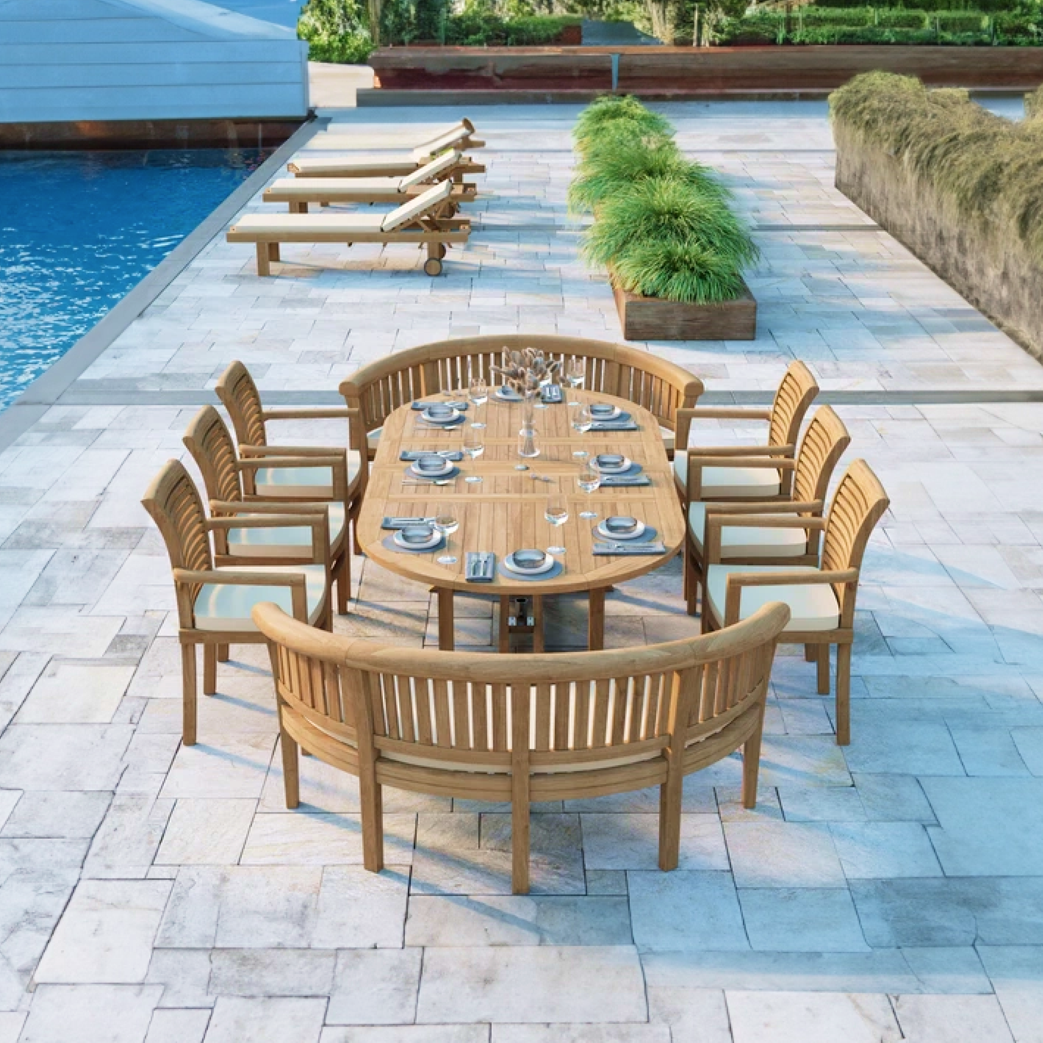 Corfu Teak 180-240cm Oval Extending Table 4cm Top (6 Oxford Stacking Chairs 2 San Francisco Benches) Cushions included.