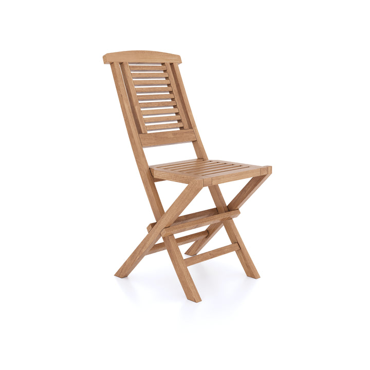This is Eterna Homes sustainable teak garden furniture outdoor dining chairs, consisting of teak folding chair and cushions. All of our teak wood is suitable for outdoor dining.