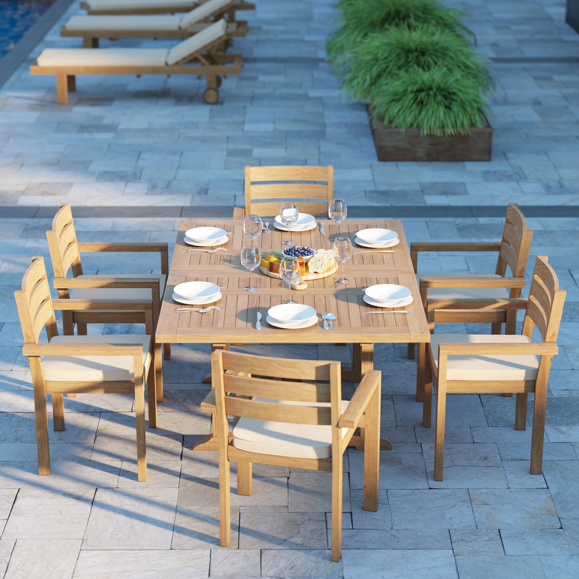 Padstow Teak Set 120-170cm Rectangle Table with 6 Marlow Chairs + Cushions