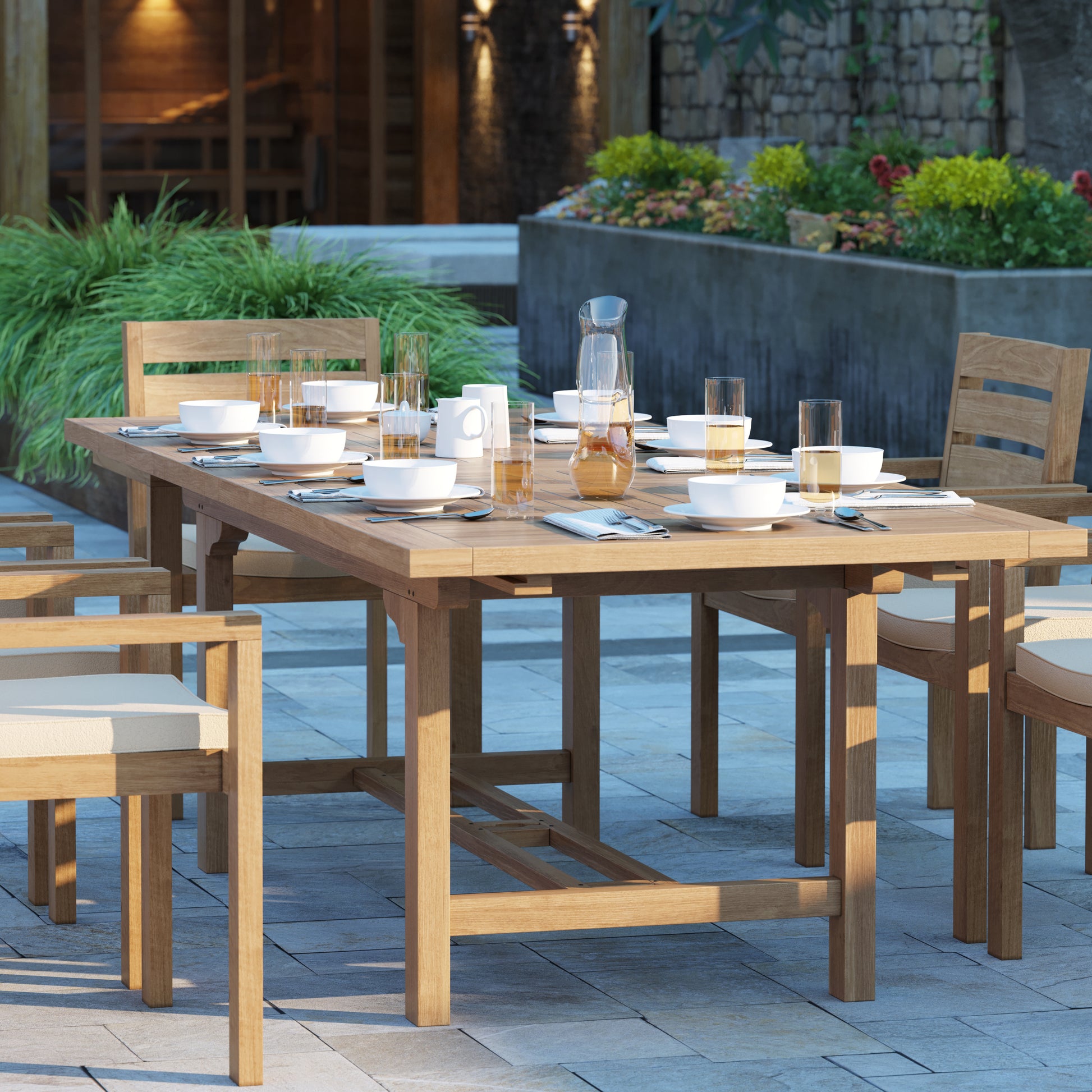 Irvine Teak Set 180-240cm Rectangle Table with 8 Marlow Chairs + Cushions