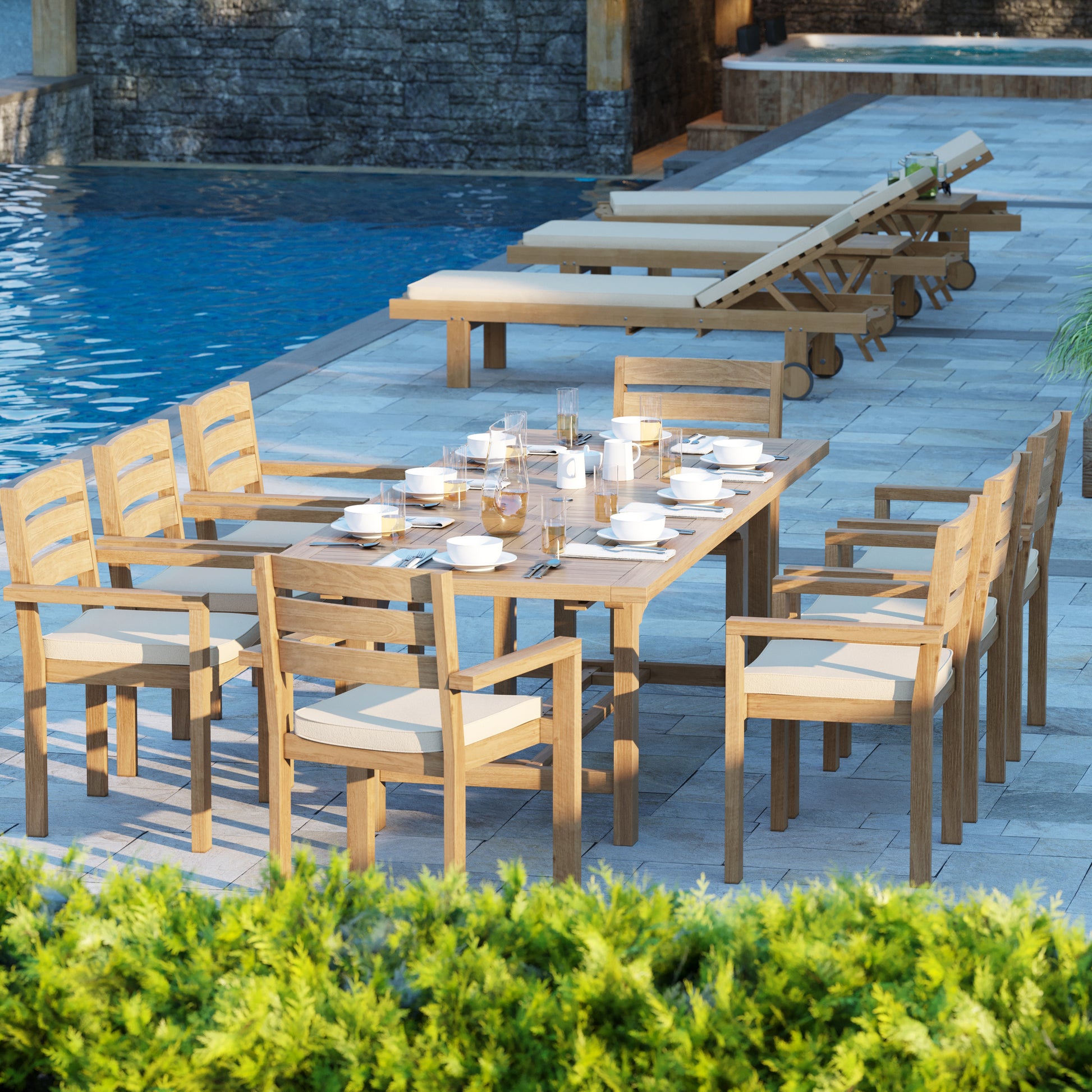 Irvine Teak Set 180-240cm Rectangle Table with 8 Marlow Chairs + Cushions
