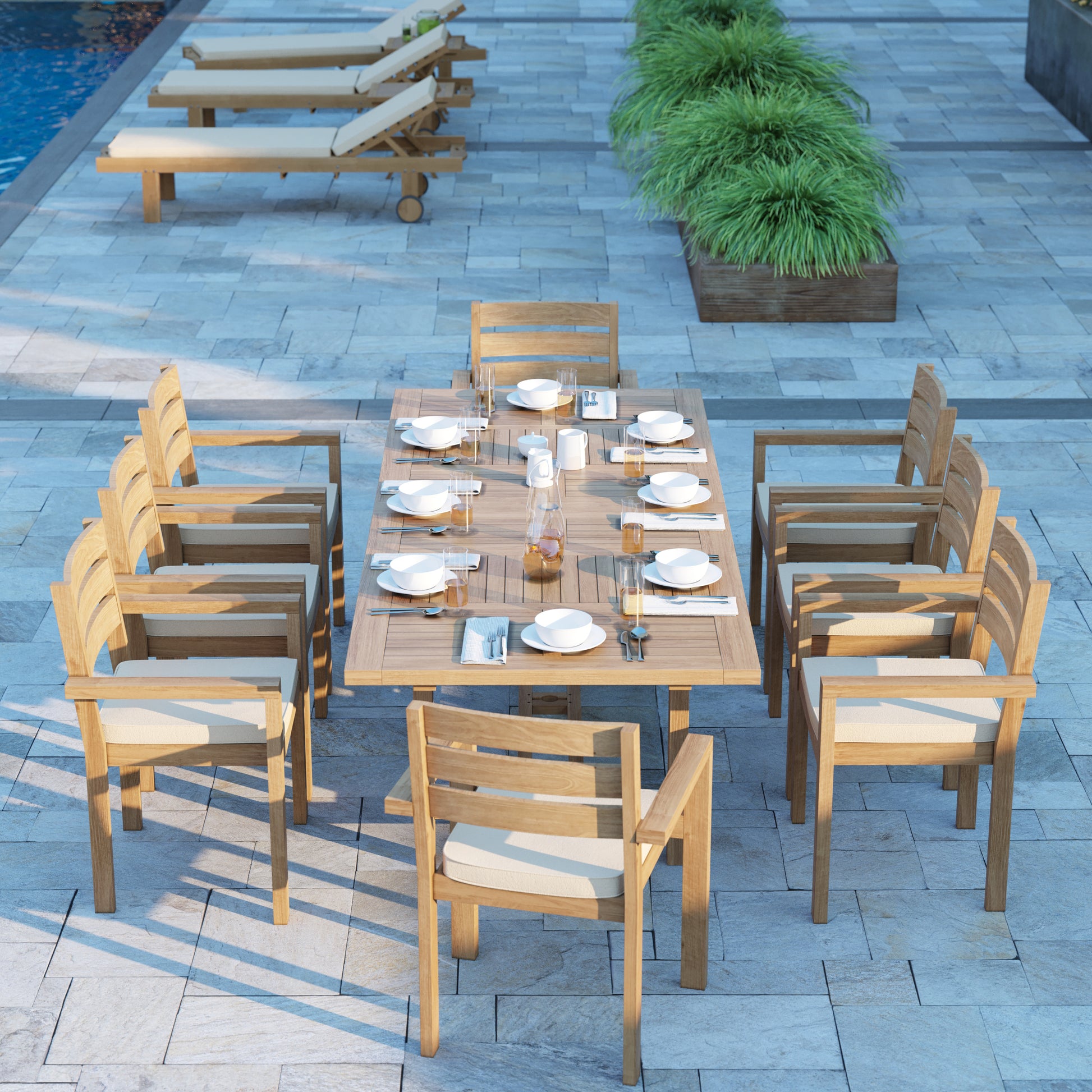Irvine Teak Set 180-240cm Rectangle Table with 8 Marlow Chairs + Cushions