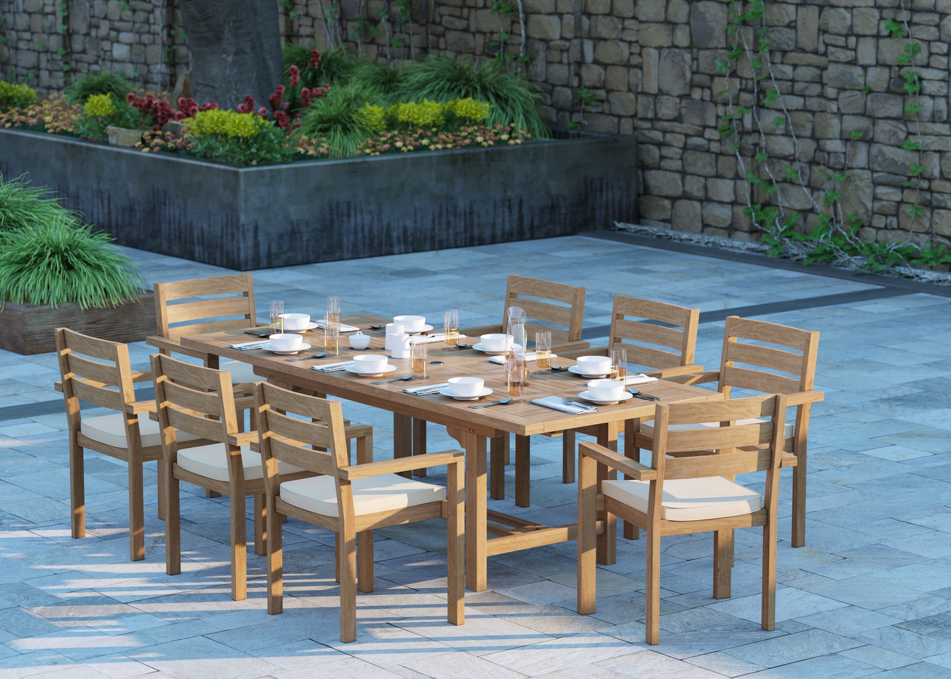Irvine Teak Set 180-240cm Rectangle Table with 8 Marlow Chairs + Cushions