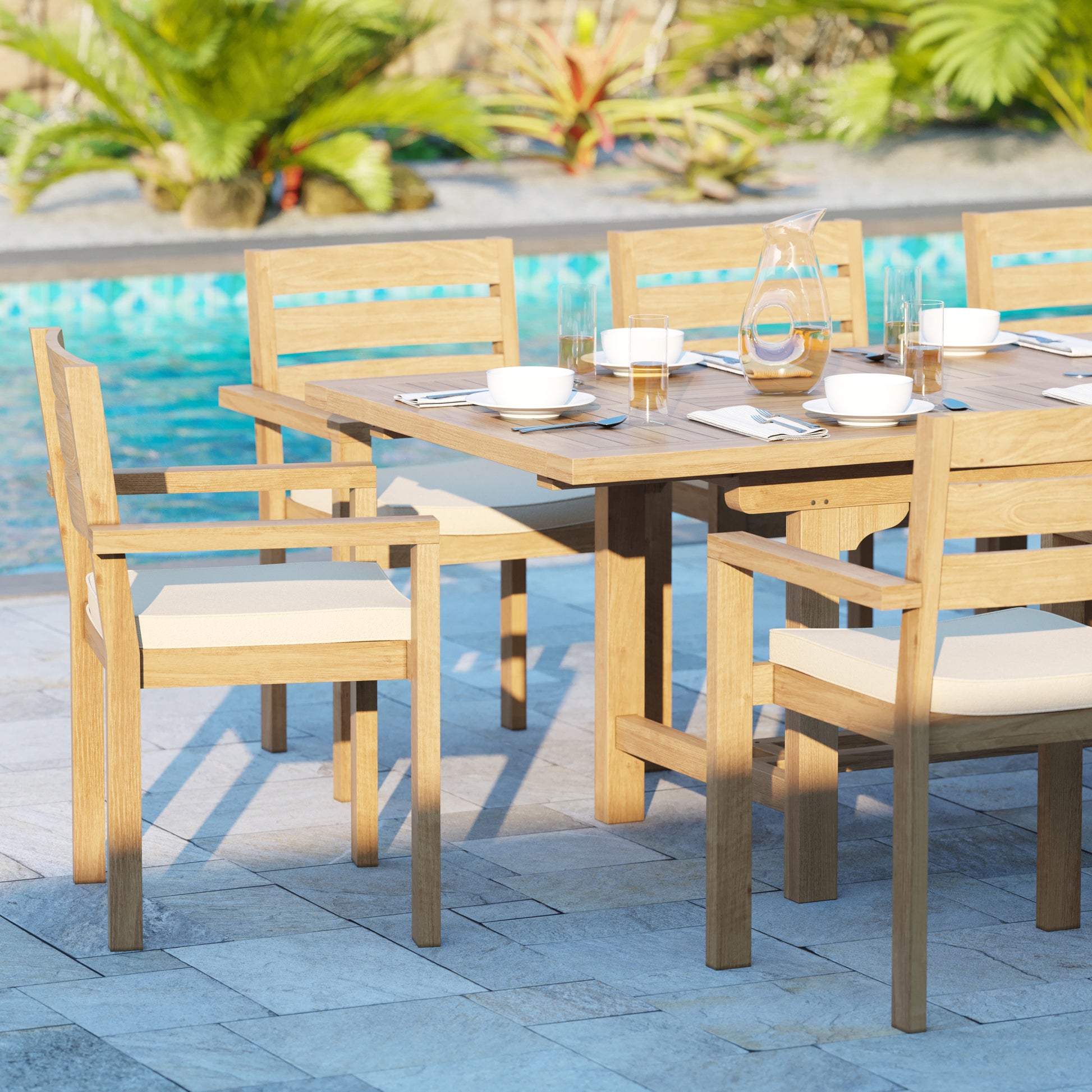 Irvine Teak Set 180-240cm Rectangle Table with 8 Marlow Chairs + Cushions