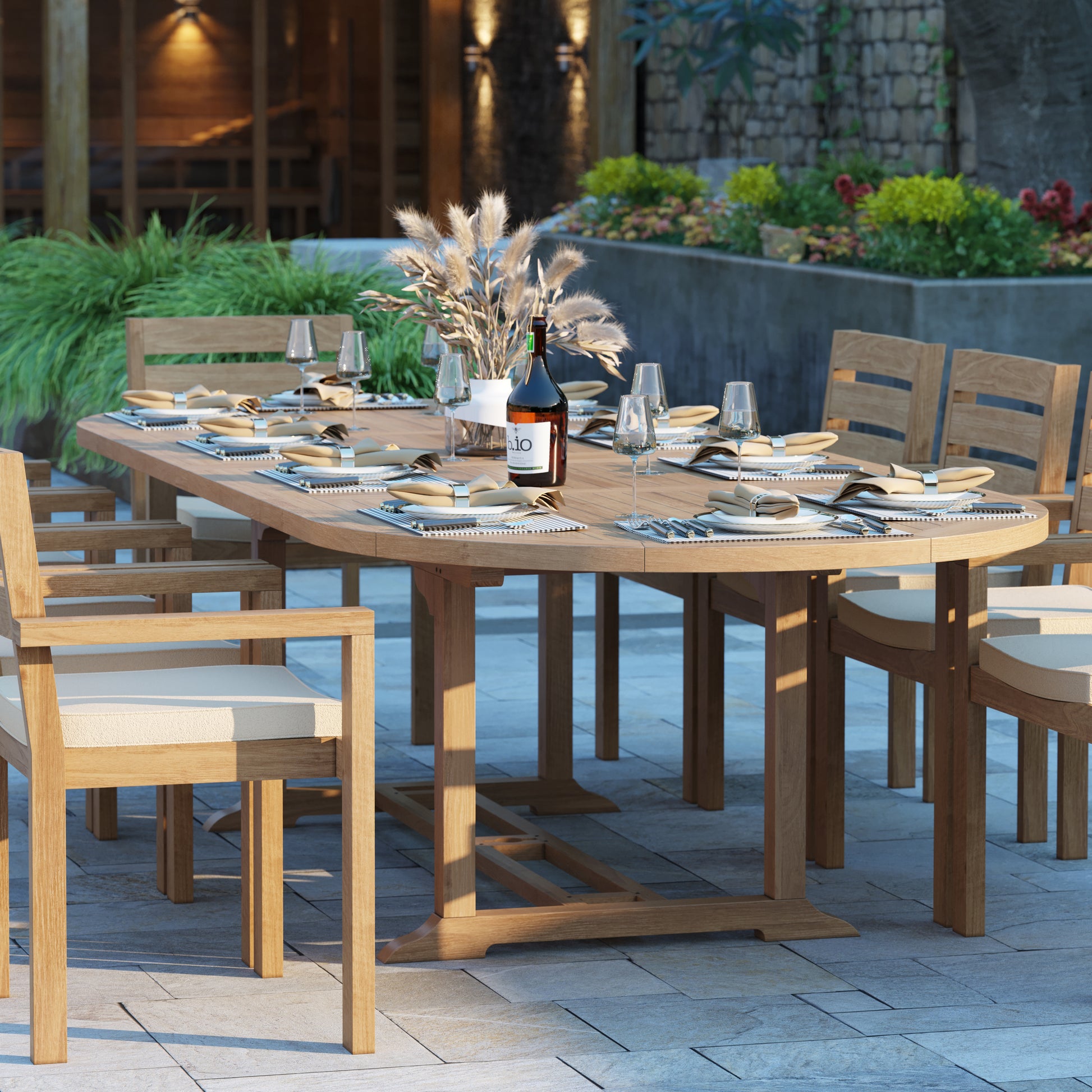 Grove Teak Set 200-300cm Oval table with 10 Marlow Chairs and Cushions