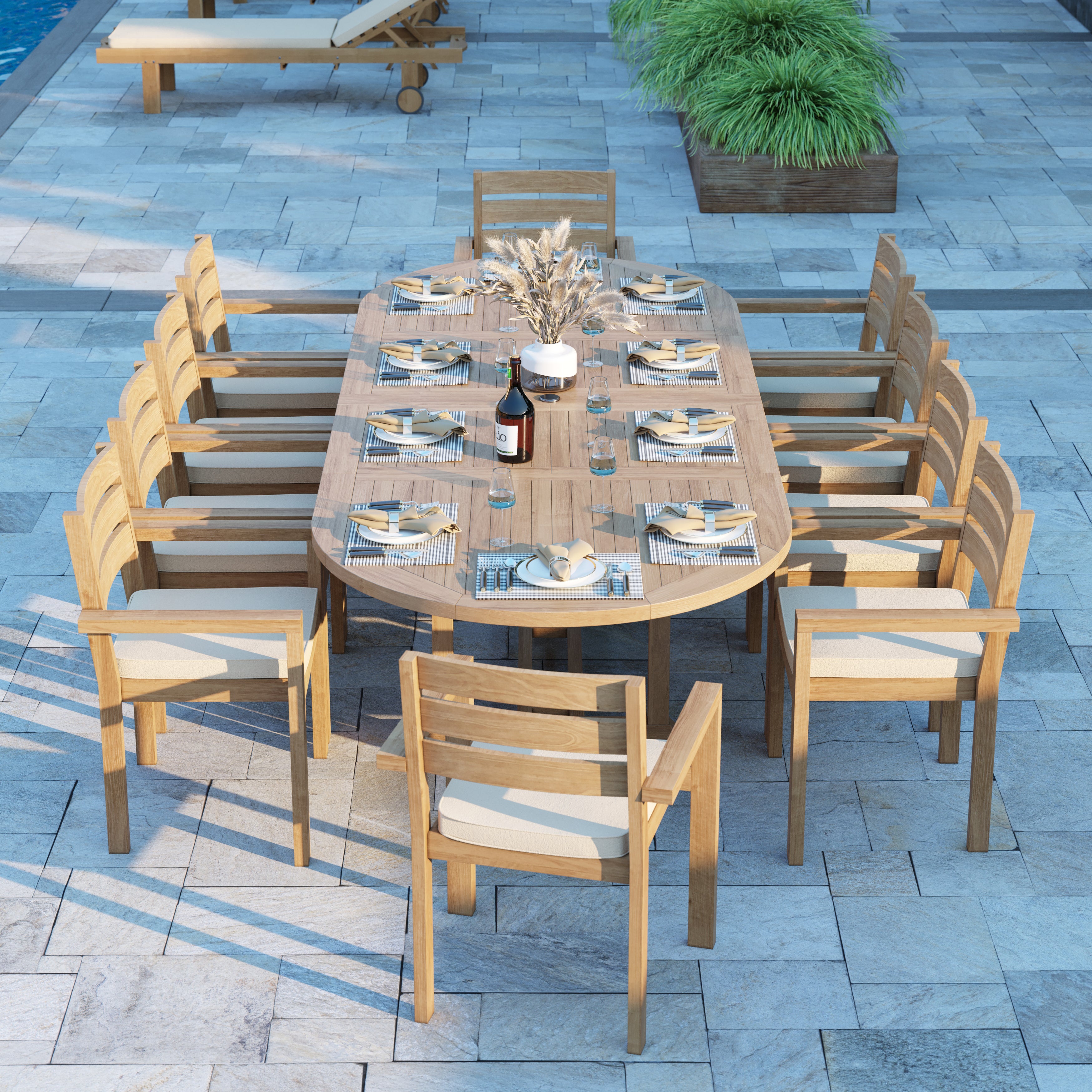 Grove Teak Set 200-300cm Oval table with 10 Marlow Chairs and Cushions