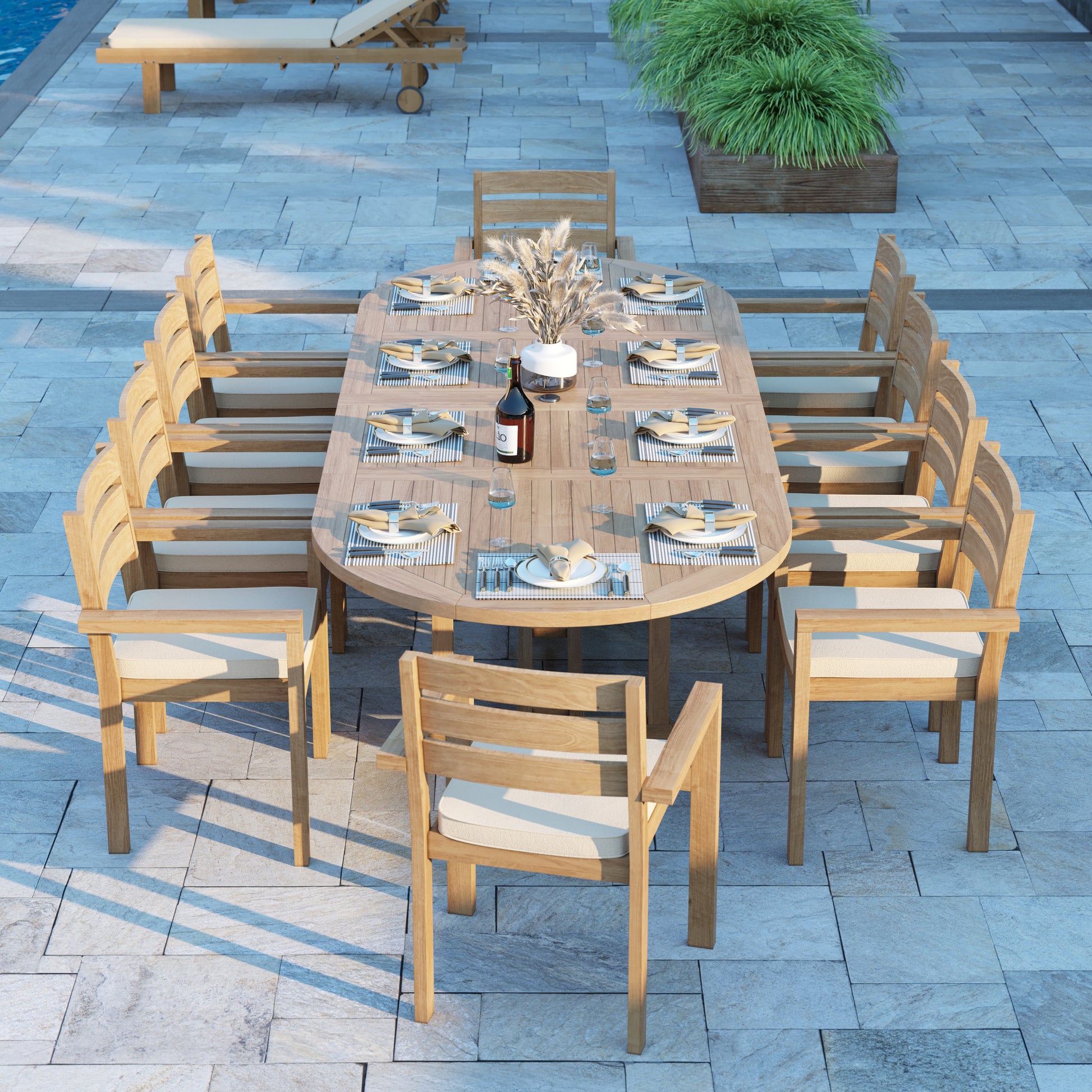 Grove Teak Set 200-300cm Oval table with 10 Marlow Chairs and Cushions