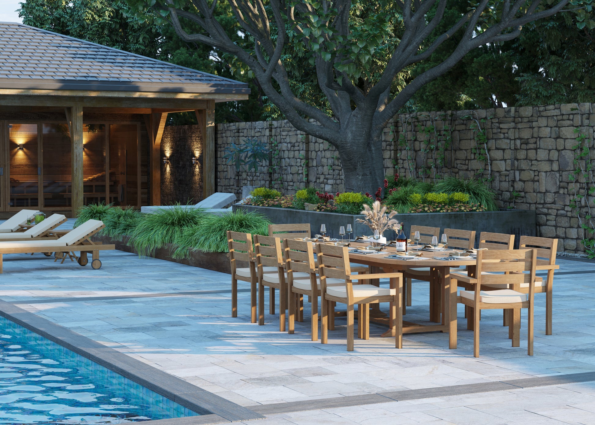 Grove Teak Set 200-300cm Oval table with 10 Marlow Chairs and Cushions