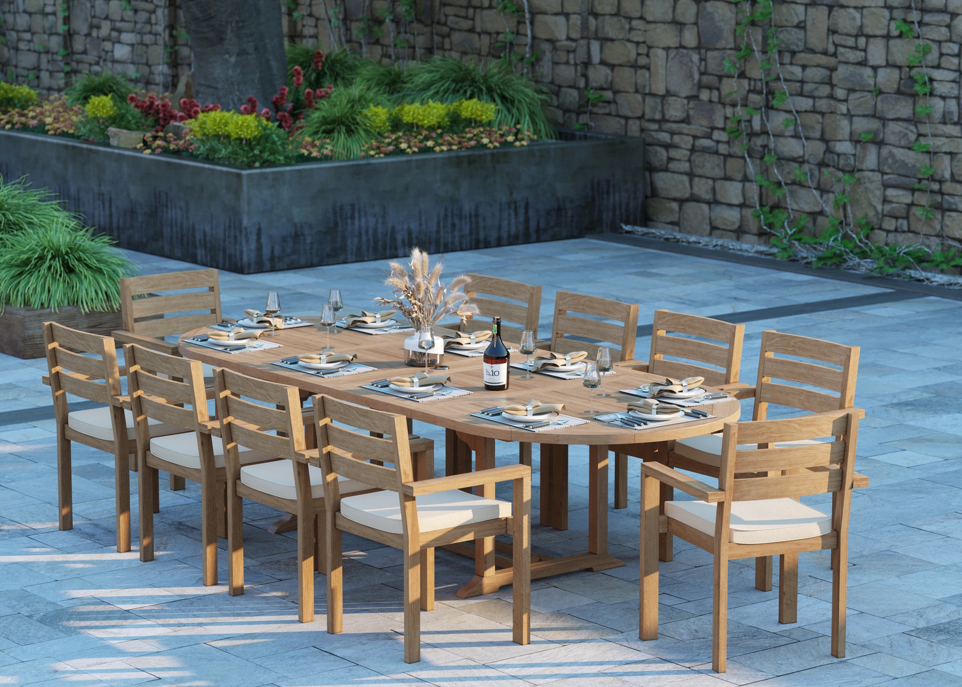 Grove Teak Set 200-300cm Oval table with 10 Marlow Chairs and Cushions