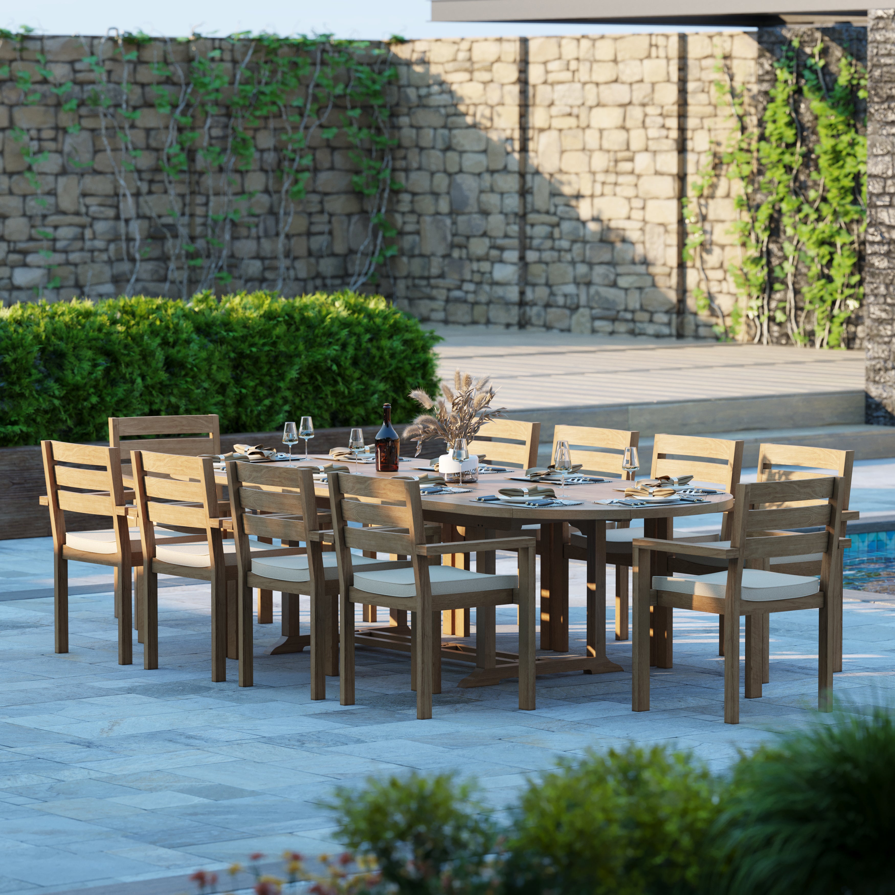 Grove Teak Set 200-300cm Oval table with 10 Marlow Chairs and Cushions