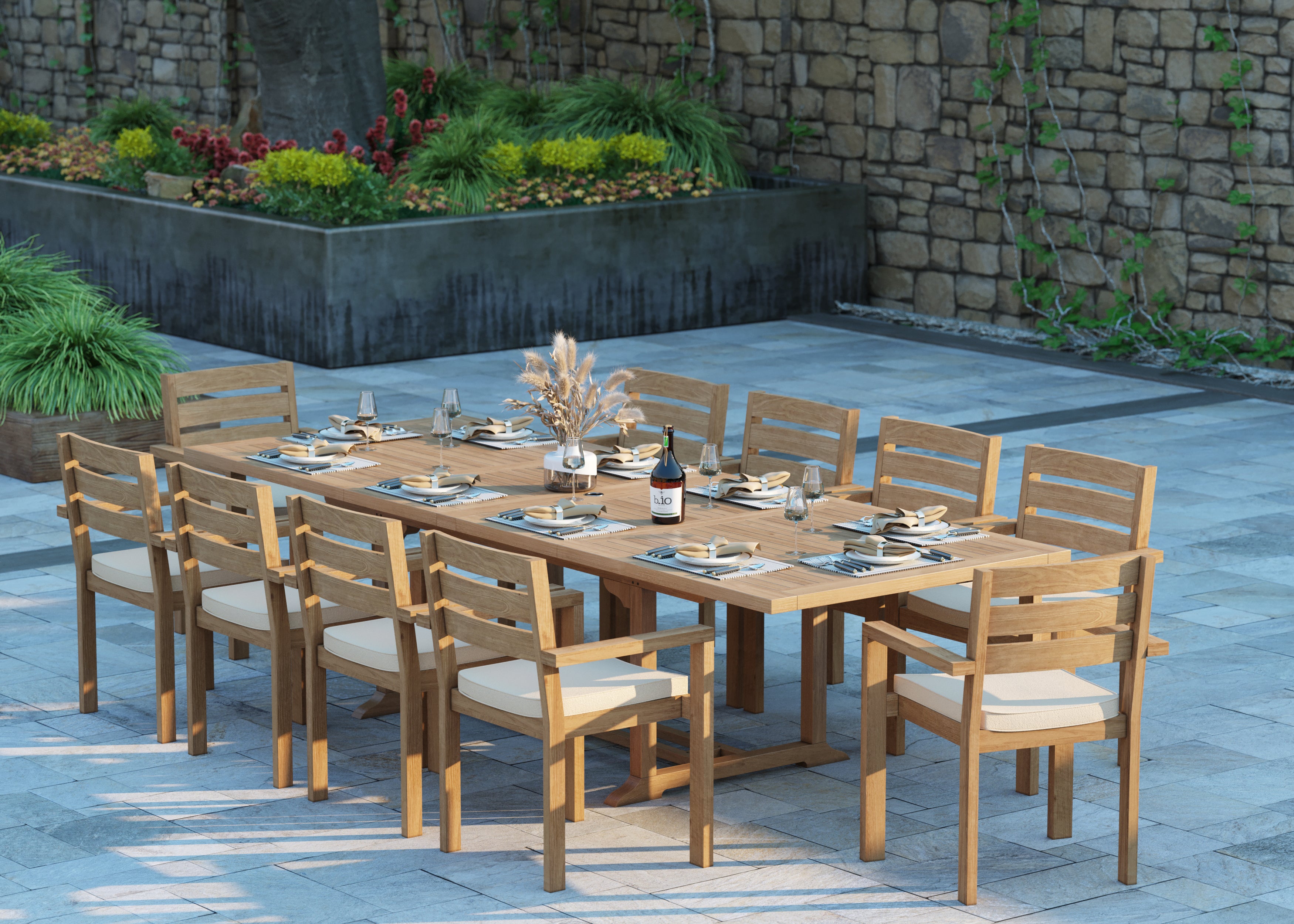 Mylor Teak Set 200-300cm Rectangle table with 10 Marlow chairs + Cushions