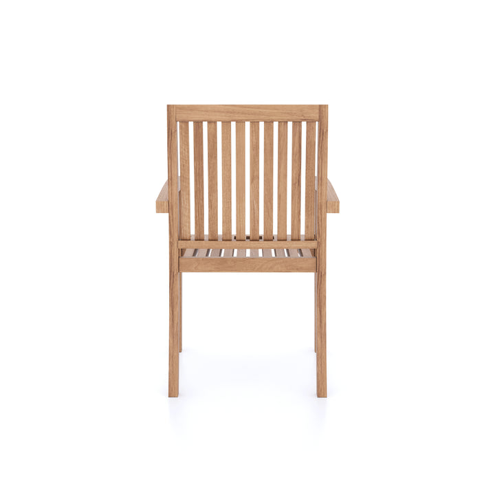 This is Eterna Homes sustainable teak garden furniture outdoor dining chairs, consisting of teak stacking chairs and cushions. Our teak wood is suitable for outdoor dining.