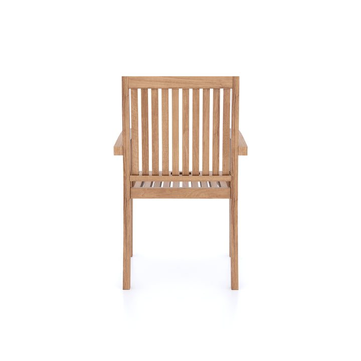 This is Eterna Homes sustainable teak garden furniture outdoor dining chairs, consisting of 1 teak stacking chairs and cushions. Our teak wood is suitable for outdoor dining.