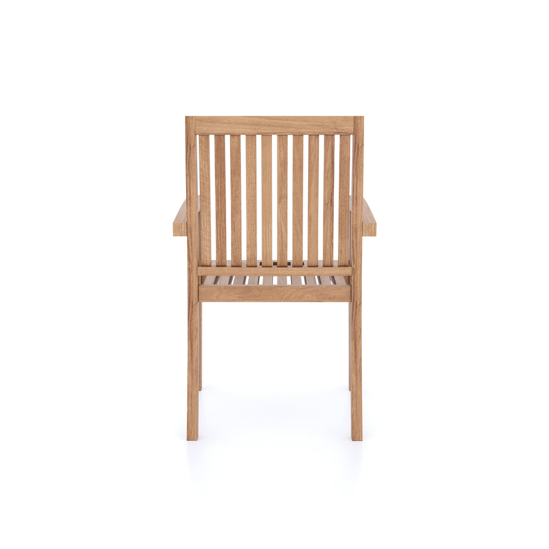 This is Eterna Homes sustainable teak garden furniture outdoor dining chairs, consisting of stacking teak chairs and cushions. Our teak wood is suitable for outdoor dining.