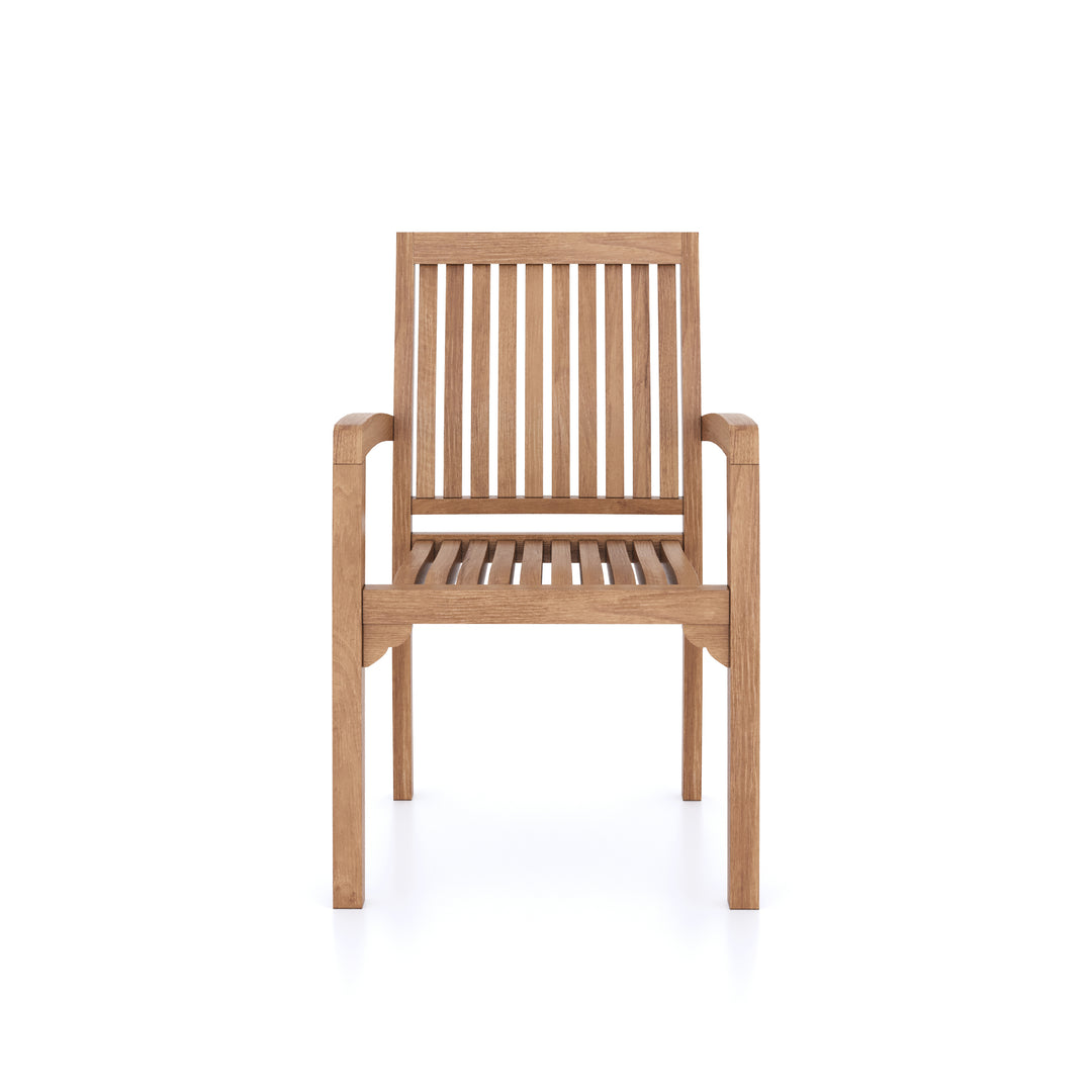 This is Eterna Homes sustainable teak garden furniture outdoor dining chairs, consisting of teak stacking chairs and cushions. Our teak wood is suitable for outdoor dining.